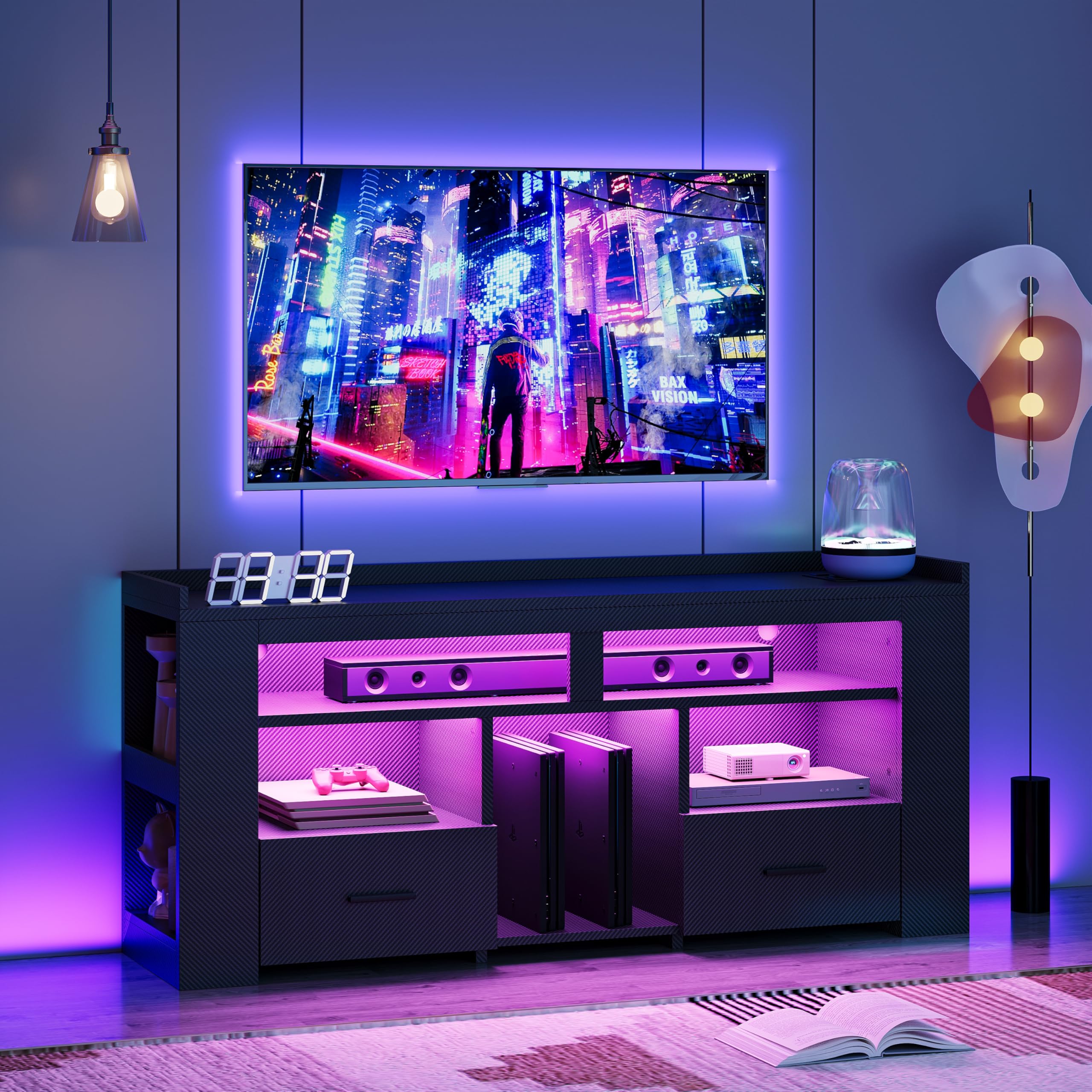 IRONCK TV Stand for 65 Inch TV, Carbon Fiber Entertainment Center with 2 Drawers, Charging Station & RGB LED Light, Gaming Media Console for PS4, Bedroom, Living Room, Black