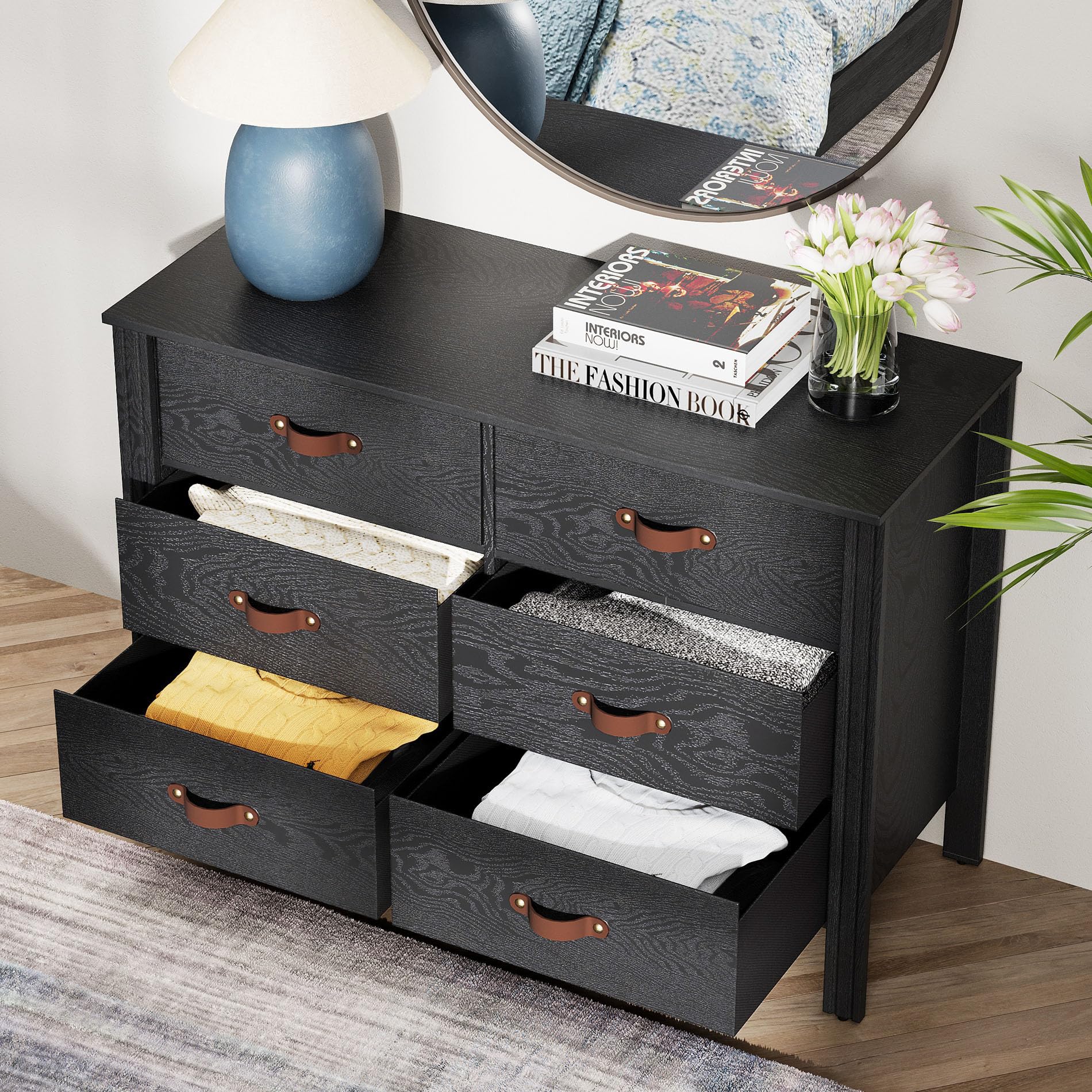 WAMPAT Black Dresser for Bedroom, Long Wide Dresser with 12 Drawers, Kids Dressers & Chests of Drawers, Set of 2 Classic Wooden Storage Cabinet Organizer for Closet, Living Room, Hallway