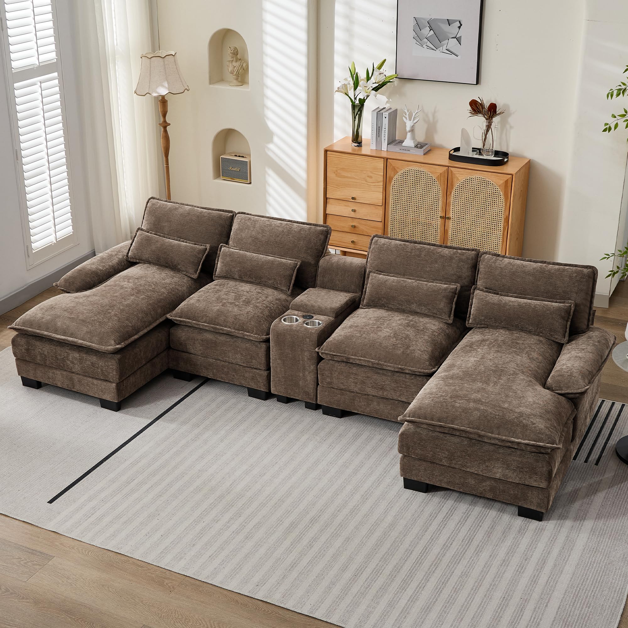 125" U Shaped Modular Cloud Couch, Small Deep Seat Sectional Sofa with Center Storage Console, USB Ports & Cup Holders, Comfy Couches for Living Room, Chenille Brown