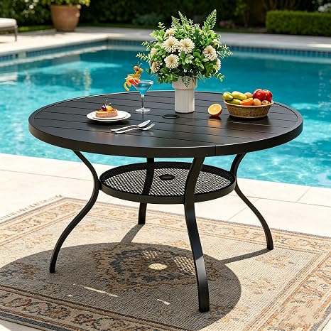 Black Steel Slat Outdoor Dining Table with Umbrella Hole
