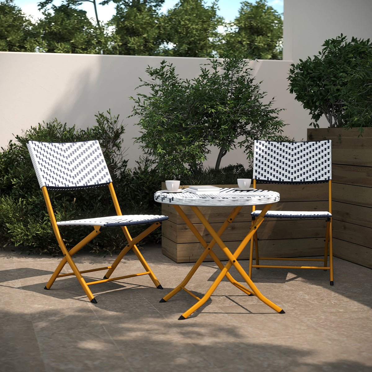 Flash Furniture PE Rattan Indoor/Outdoor Folding Bistro Set, Navy/White