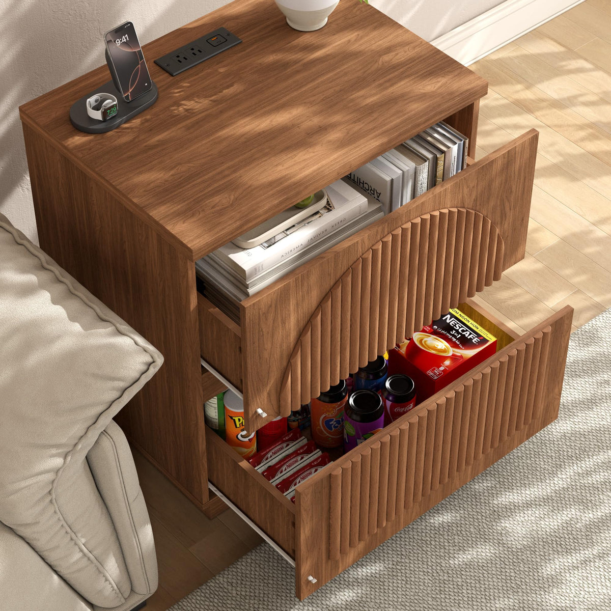 Yechen Fluted Nightstand with Charging Station, 2 Drawers, Walnut
