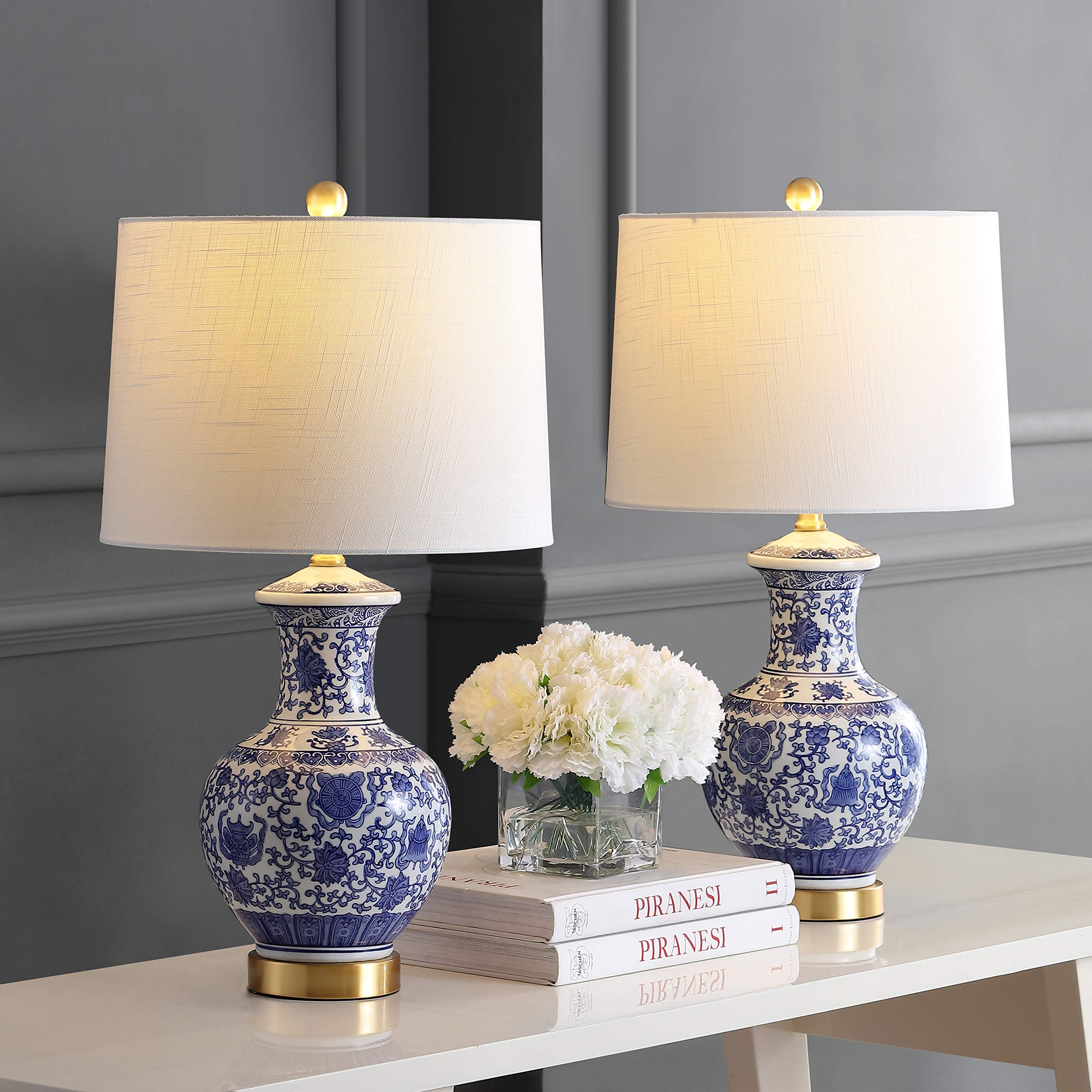 JONATHAN Y 25.25" Blue/White Ceramic Ginger Jar Table Lamp Set of 2, Traditional Brass Gold Base for Living Room Bedroom, White Linen Drum Shade, LED Bulbs Included JYL1072A-SET2