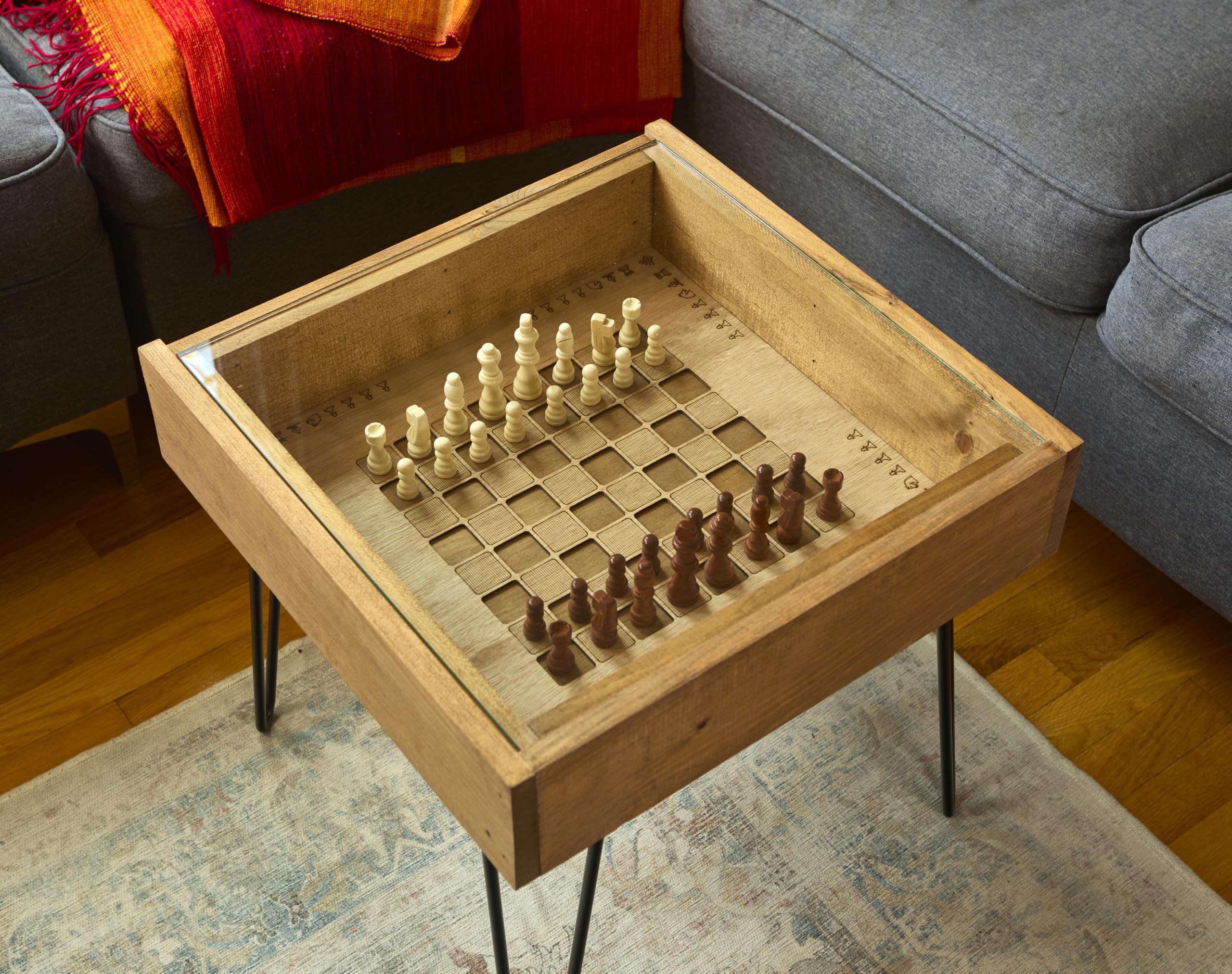 Rustic Chess & Checkers Coffee Table with Removable Glass Top