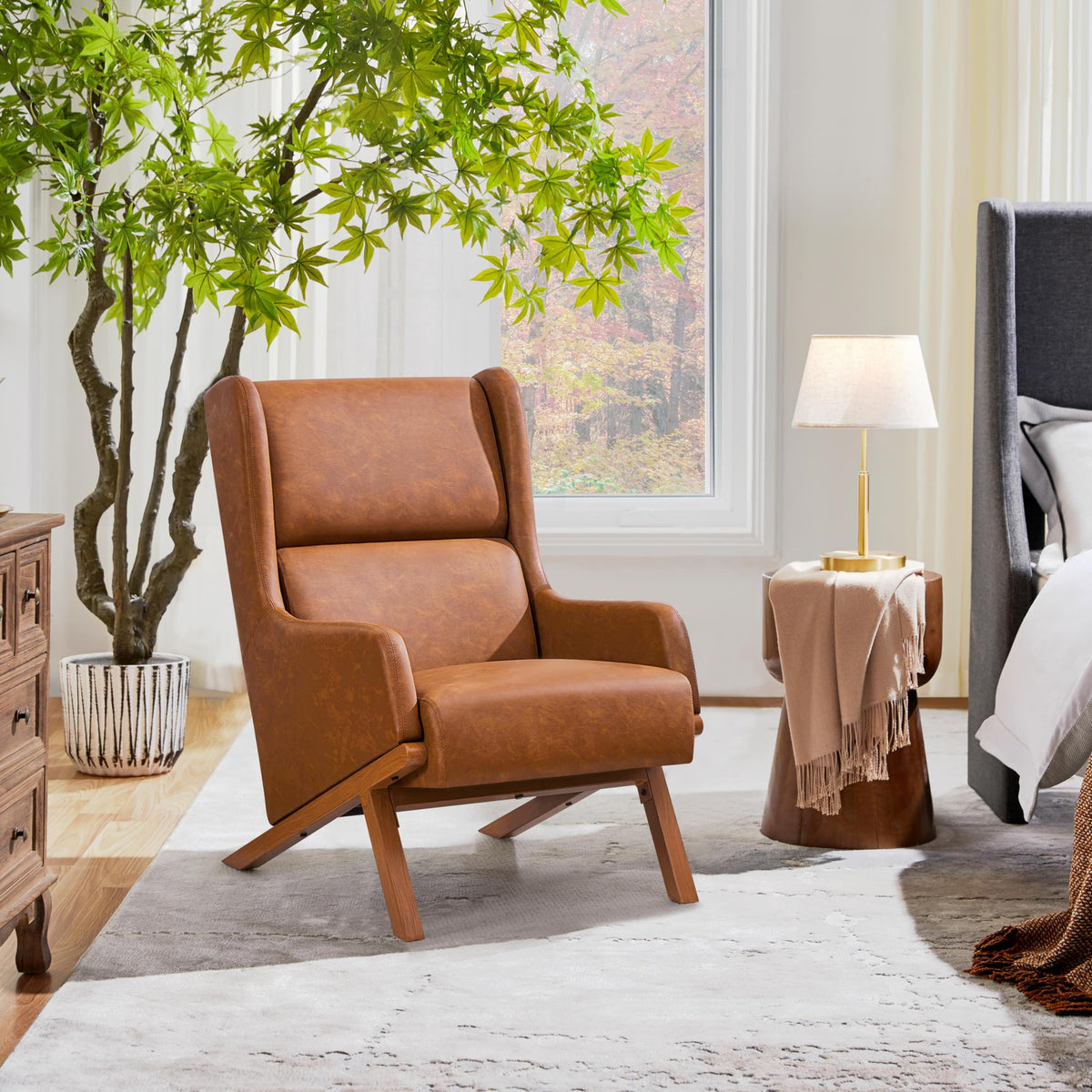 Yaheetech Accent Chair, Mid-Century Armchair with High Backrest, Brown