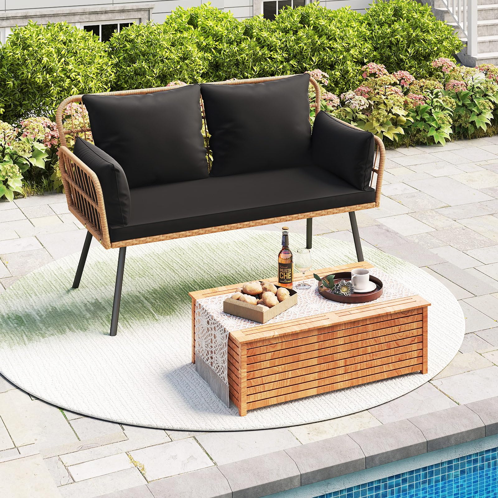 Outdoor PE Rattan Loveseat Sofa with Cushions