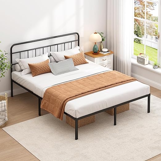 Metal Platform Bed Frame with Headboard & Under-Bed Storage