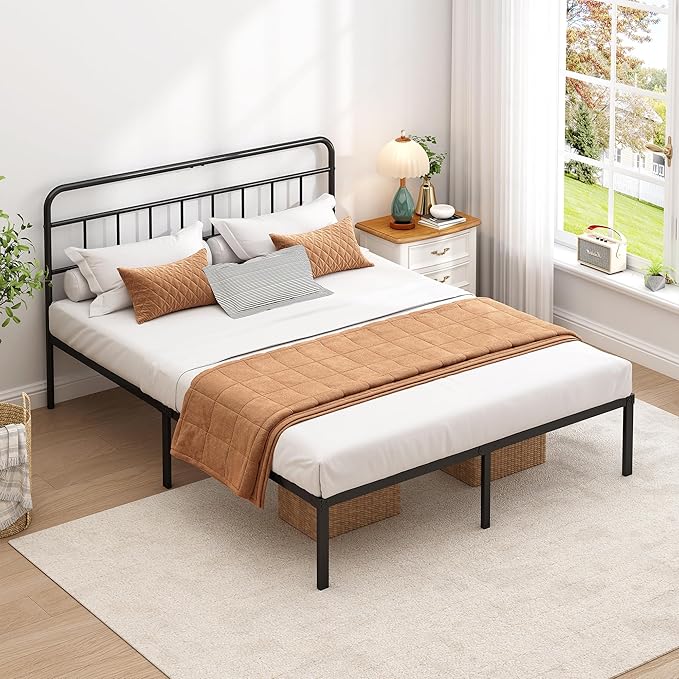 Metal Platform Bed Frame with Headboard & Under-Bed Storage