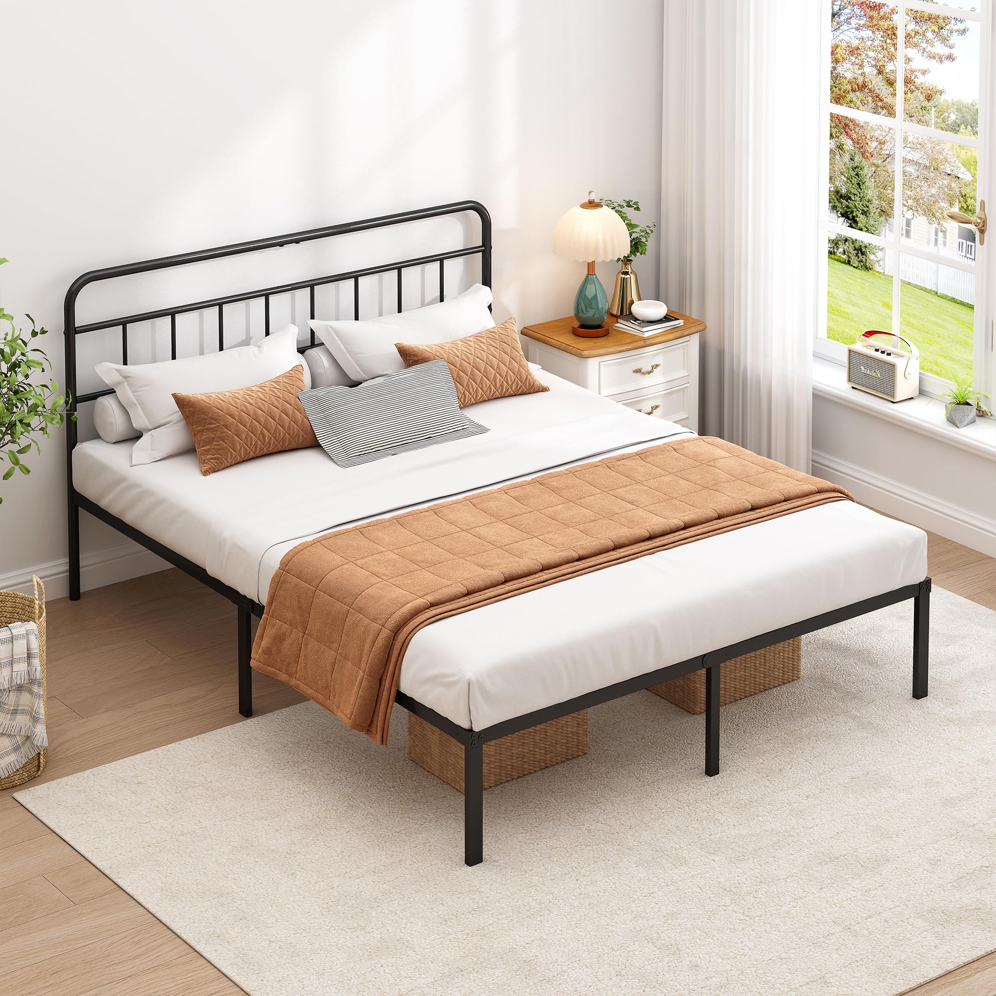 Metal Platform Bed Frame with Headboard & Under-Bed Storage