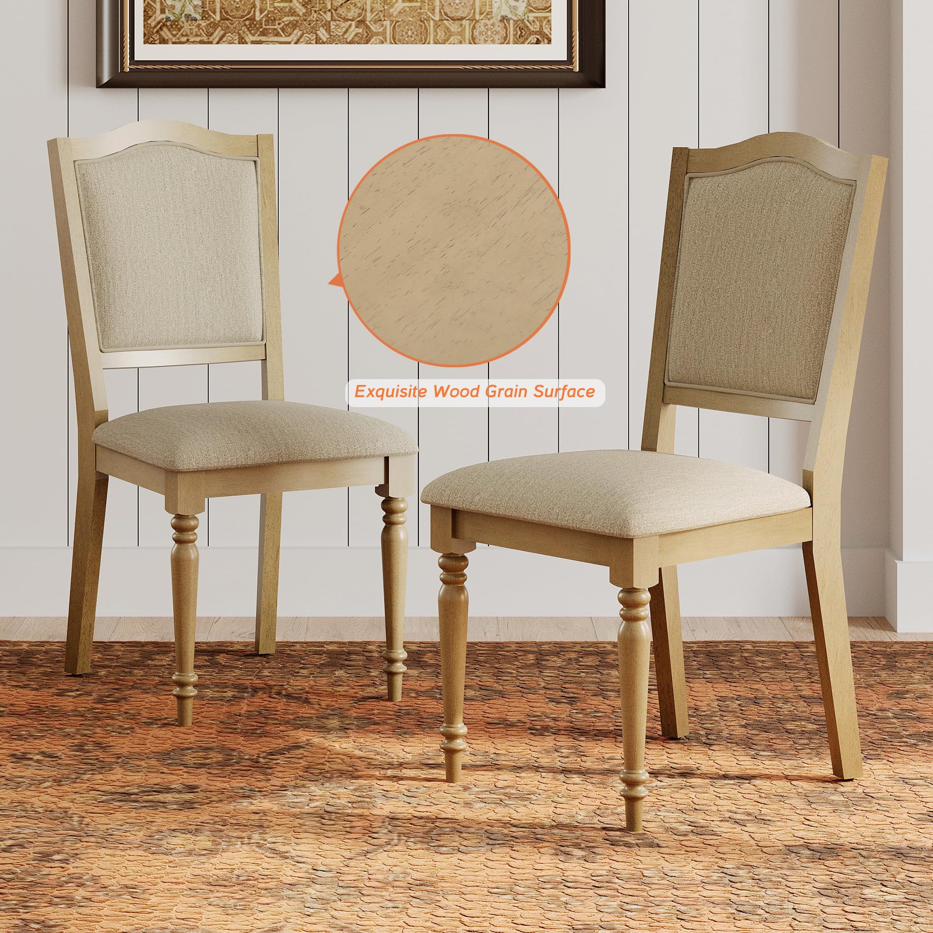 WAMPAT Dining Chairs Set of 6, Fabric Upholstered Kitchen Chairs with Cross-Back & Solid Wood Legs, Farmhouse Side Chair with Gourd-Shaped Leg for Dining Room, Living Room, Oak