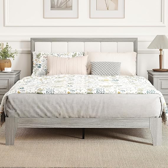 Upholstered Platform Bed Frame with Wooden Slats