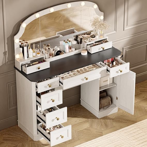 Farmhouse Makeup Vanity Desk with Mirror & Lights