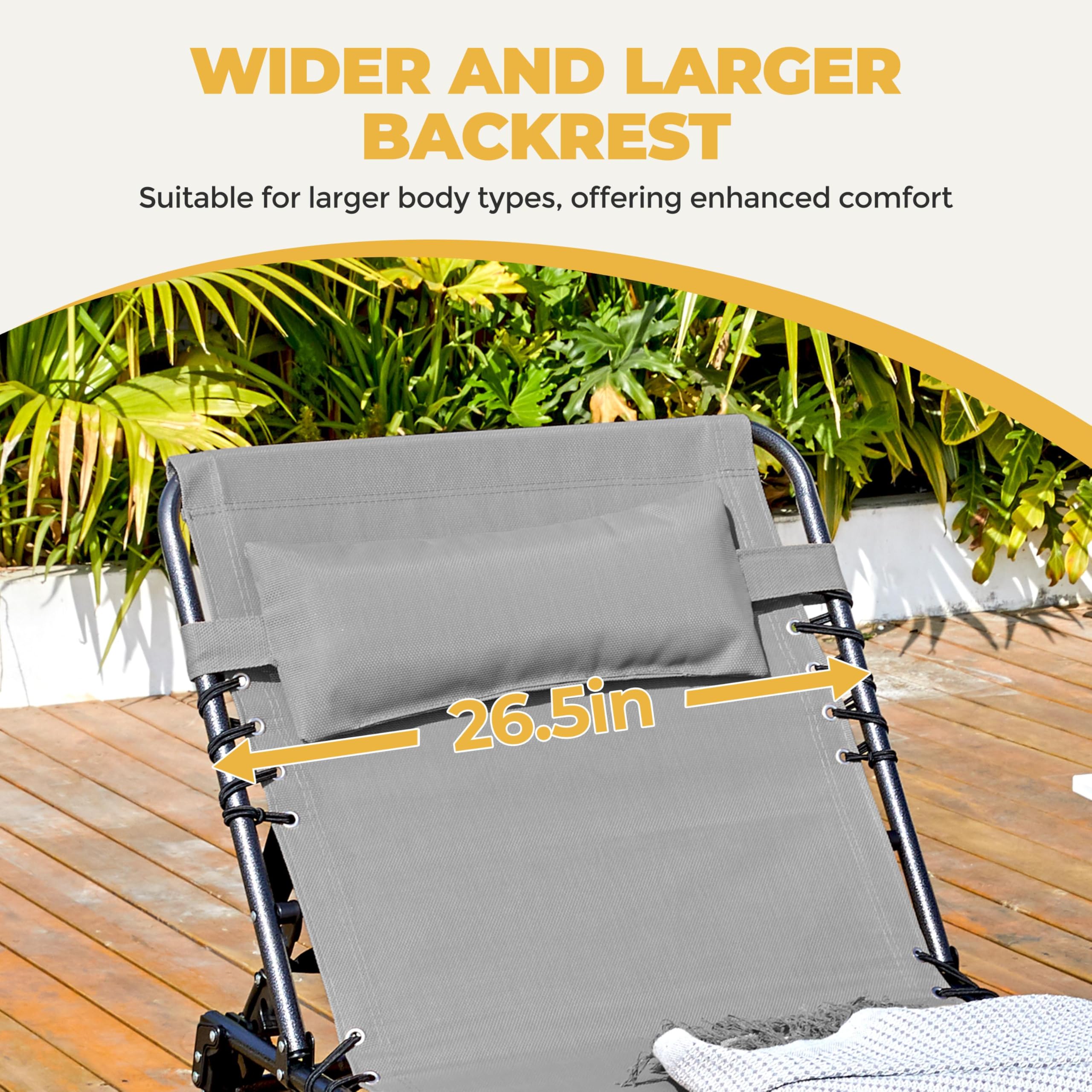 Yaheetech 26.4" Outdoor Folding Tanning Chair, Chaise Lounge Chairs with 5 Back Position Adjustable, Extended Portable Lounger for Beach, Patio, Gray