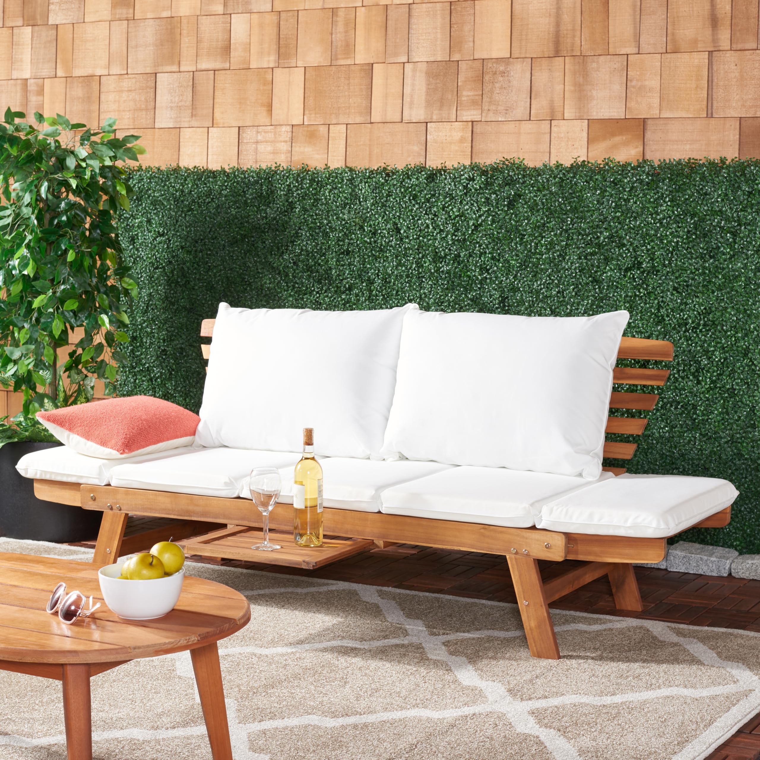 SAFAVIEH Outdoor Collection Emely Natural Acacia Wood/Beige Cushion Expandable Loveseat Daybed