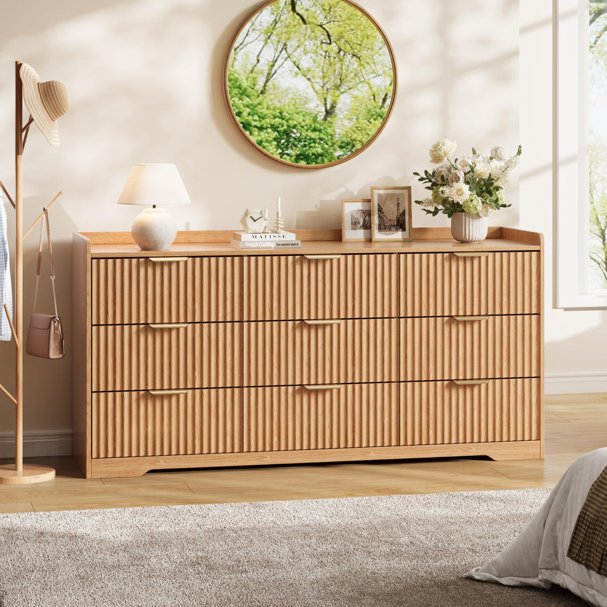 Furnulem Wooden Fluted Bedroom Dresser, 57.87" W TV Stand with Metal Handle