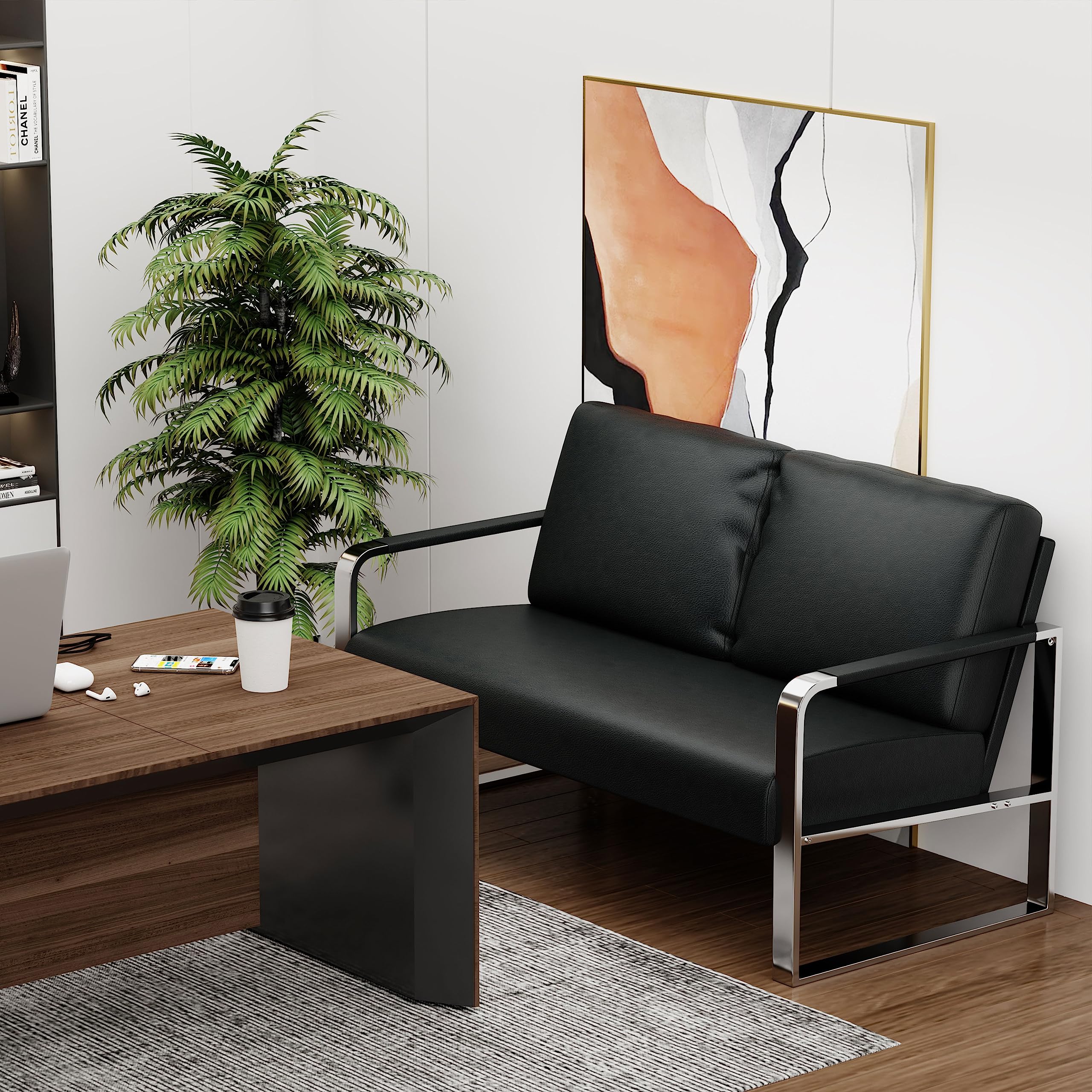 Love Seat Mini Couch Small Settee Loveseat Bench for Living Room, Faux Leather Loveseat Sofa Waiting Room Furniture for Small Spaces with Padded Cushion, Mid Century Modern Black Love Seats