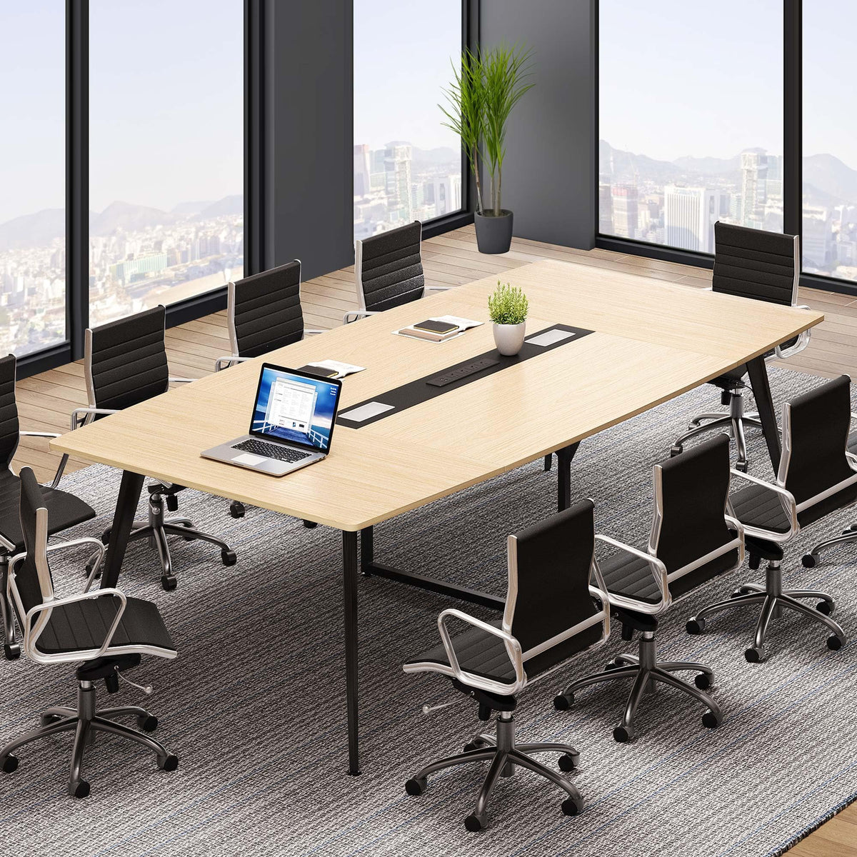 YITAHOME 90" Boat Shaped Conference Table with Power Outlets, Light Wood