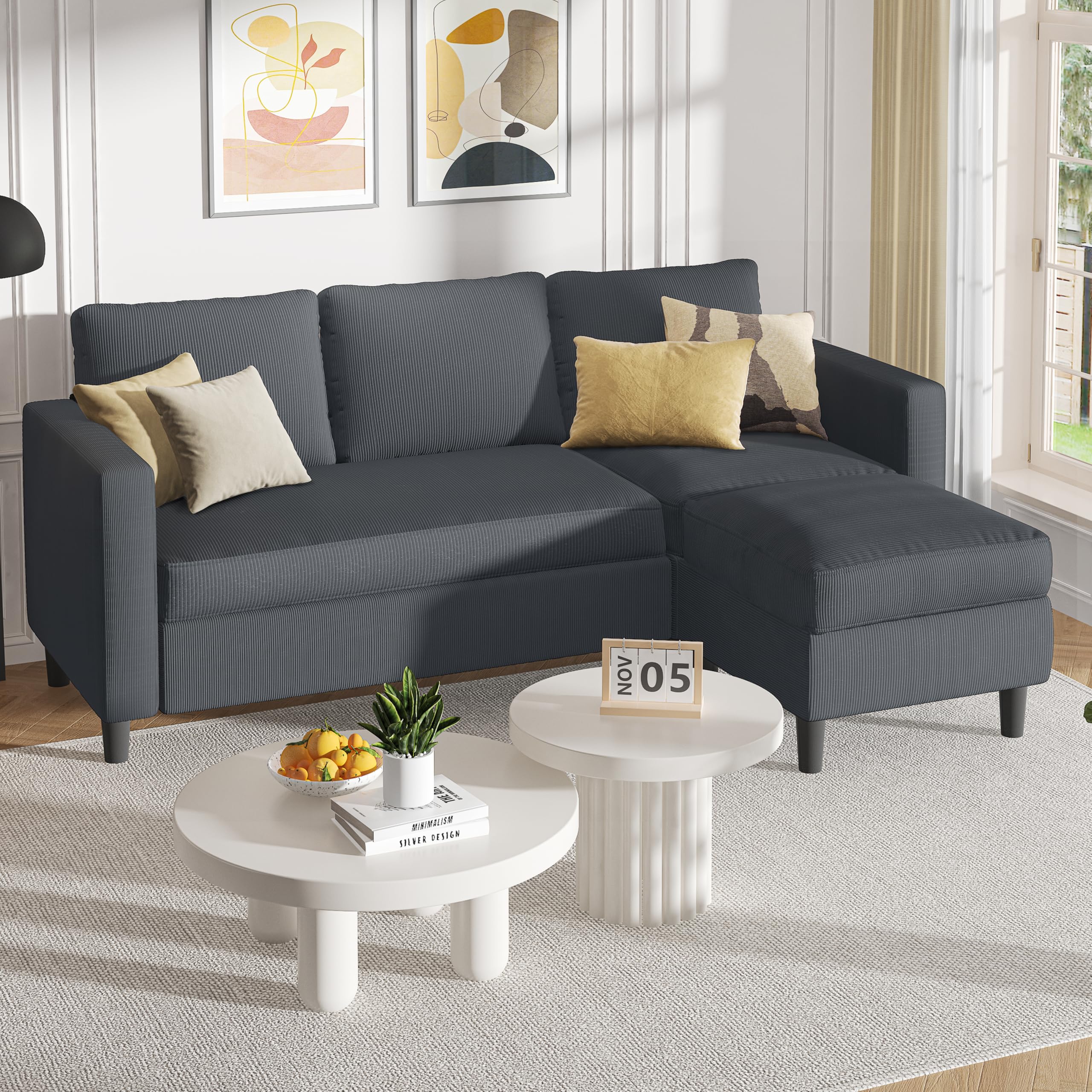L-Shaped Convertible Sectional Sofa with Ottoman