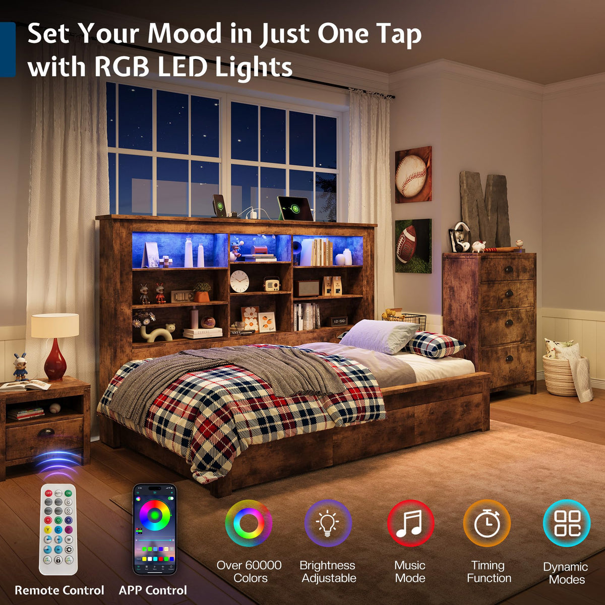 Jocisland Twin Bed Frame Bookcase Headboard, USB/LED＆3 Drawers, Rustic Oak