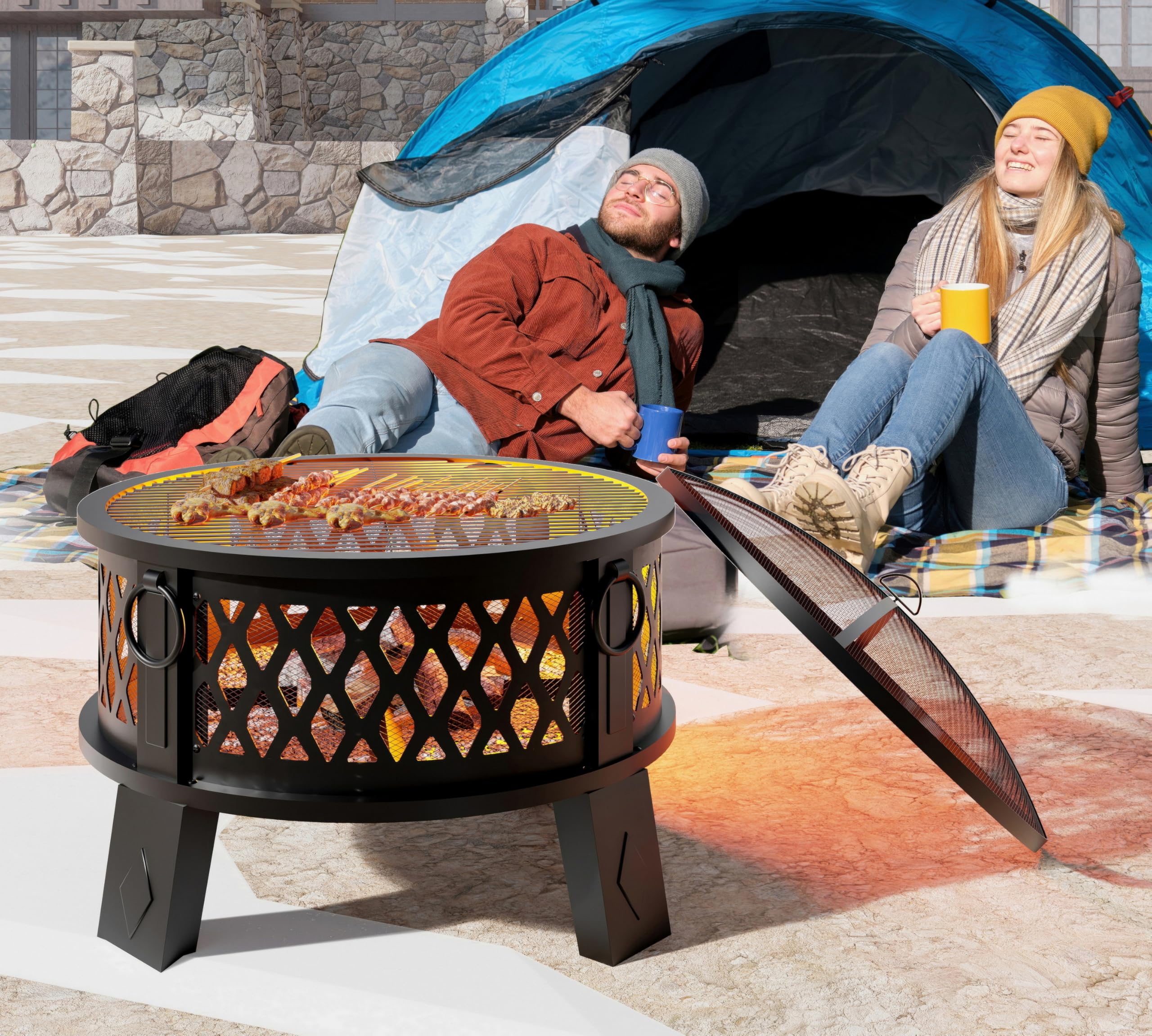 26" Round Steel Fire Pit with Grill & Diamond Mesh