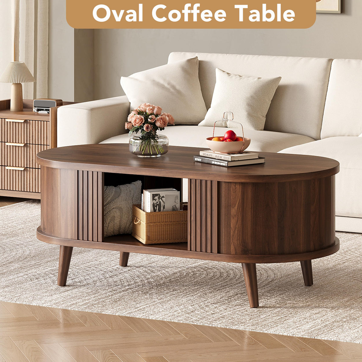 Walnut Oval Fluted Coffee Table