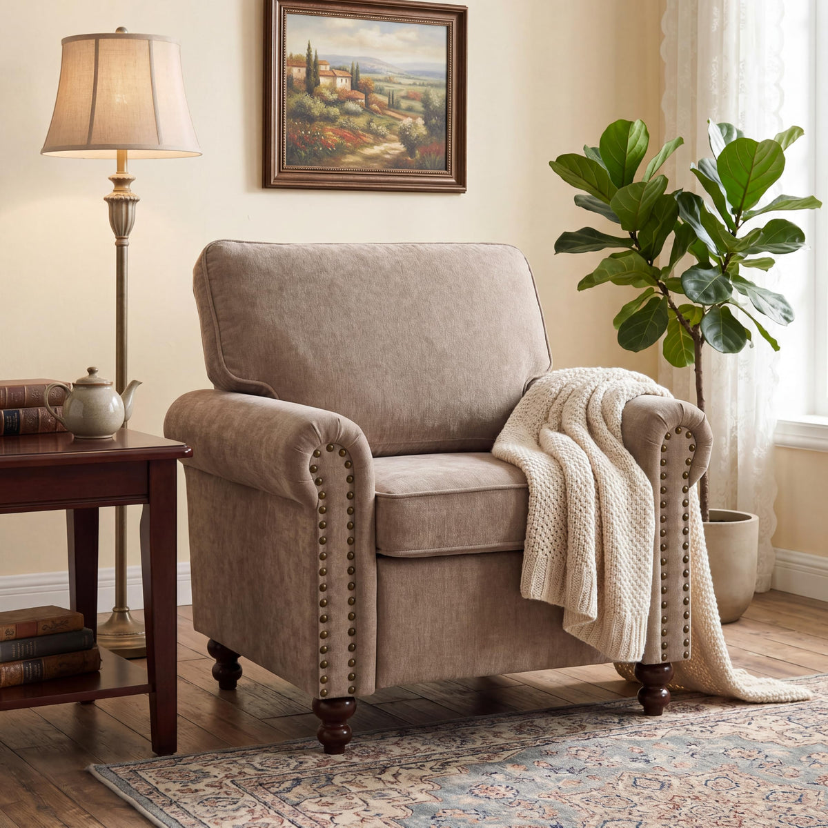 Brown Chenille Nailhead Accent Chair