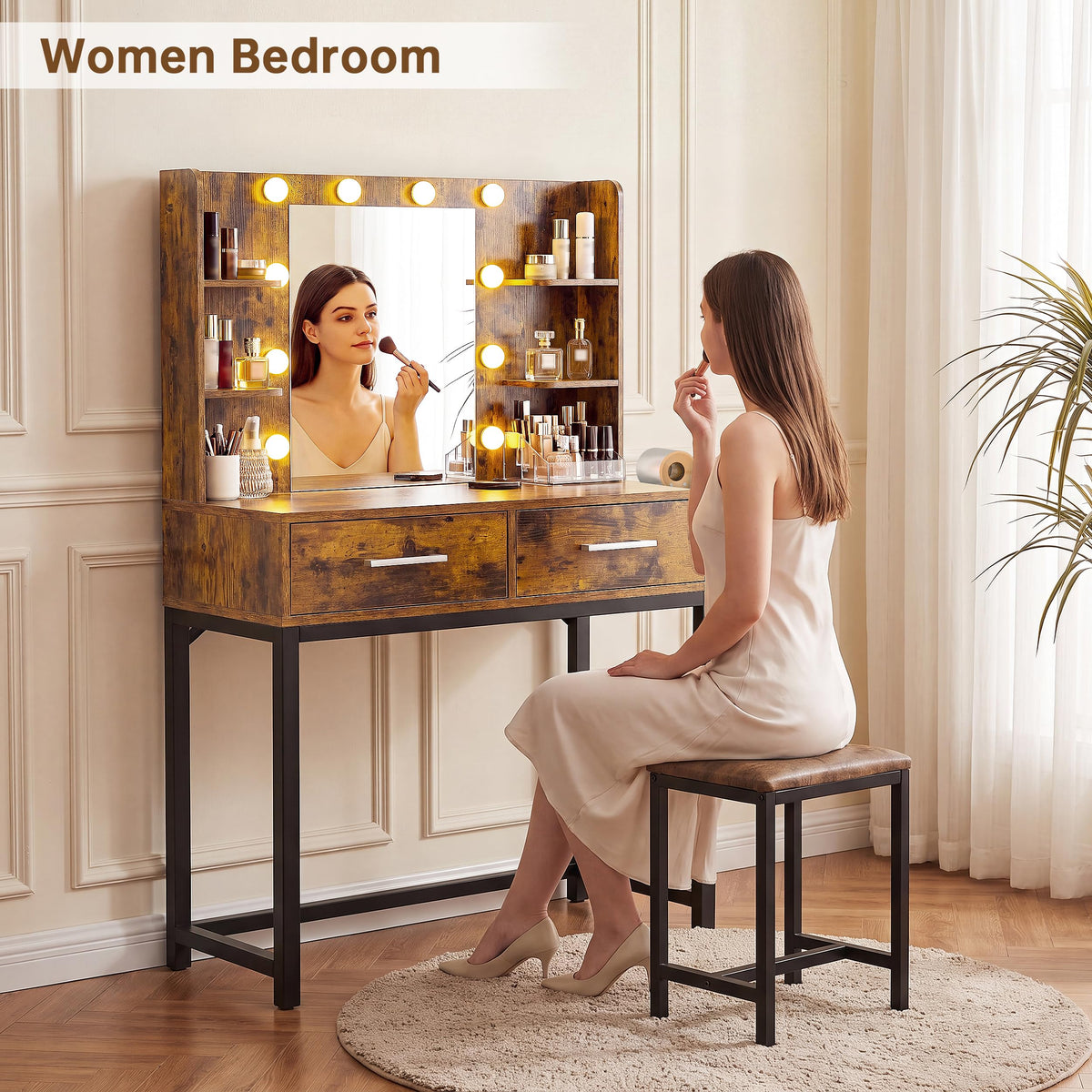 YESHOMY 31.5" Small Makeup Vanity Desk with Lighted Mirror, Rustic Brown