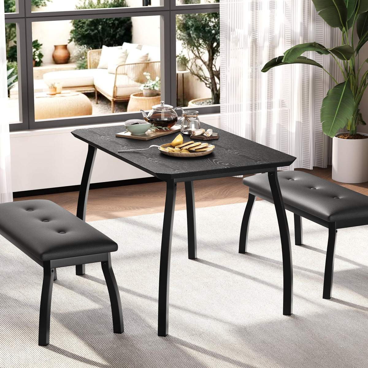 GAOMON 3-Piece Dining Table Set for 4, Industrial Kitchen Table with 2 PU Leather Benches, Engineered Wood Top & Metal Frame, Space-Saving Dinette Set for Dining Room, Apartment, Home，Black