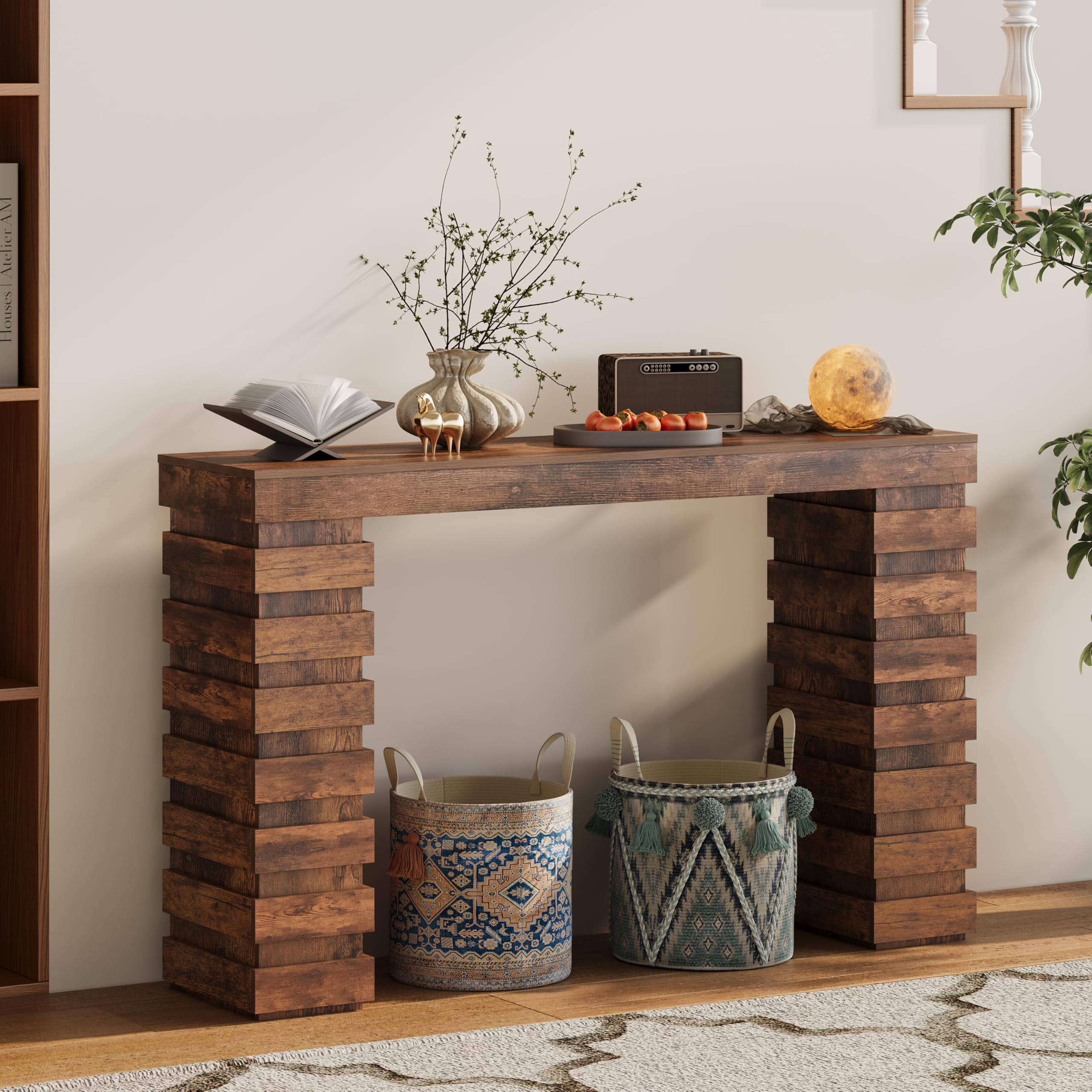 NinPeen 47.24" Long Console Table, Wood Entrance Table, Sofa Table Behind Couch, Industrial Console Table, Entryway Table for Contemporary Living Room, Entryway, or Hallway (Rustic Brown)