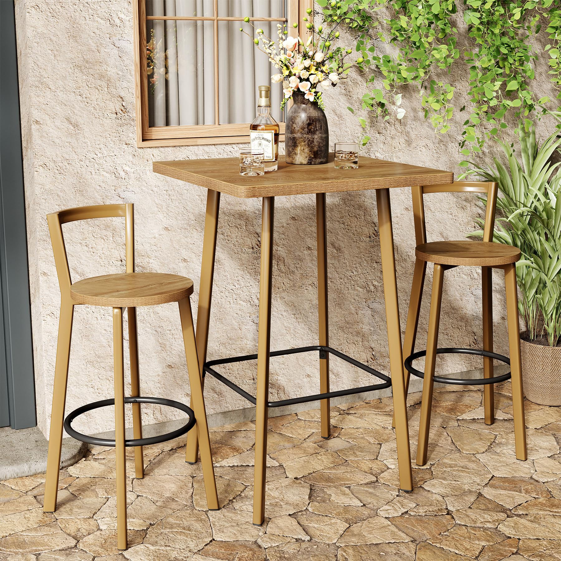 Bar Table and 2-Chair Set with Footrest, Oak