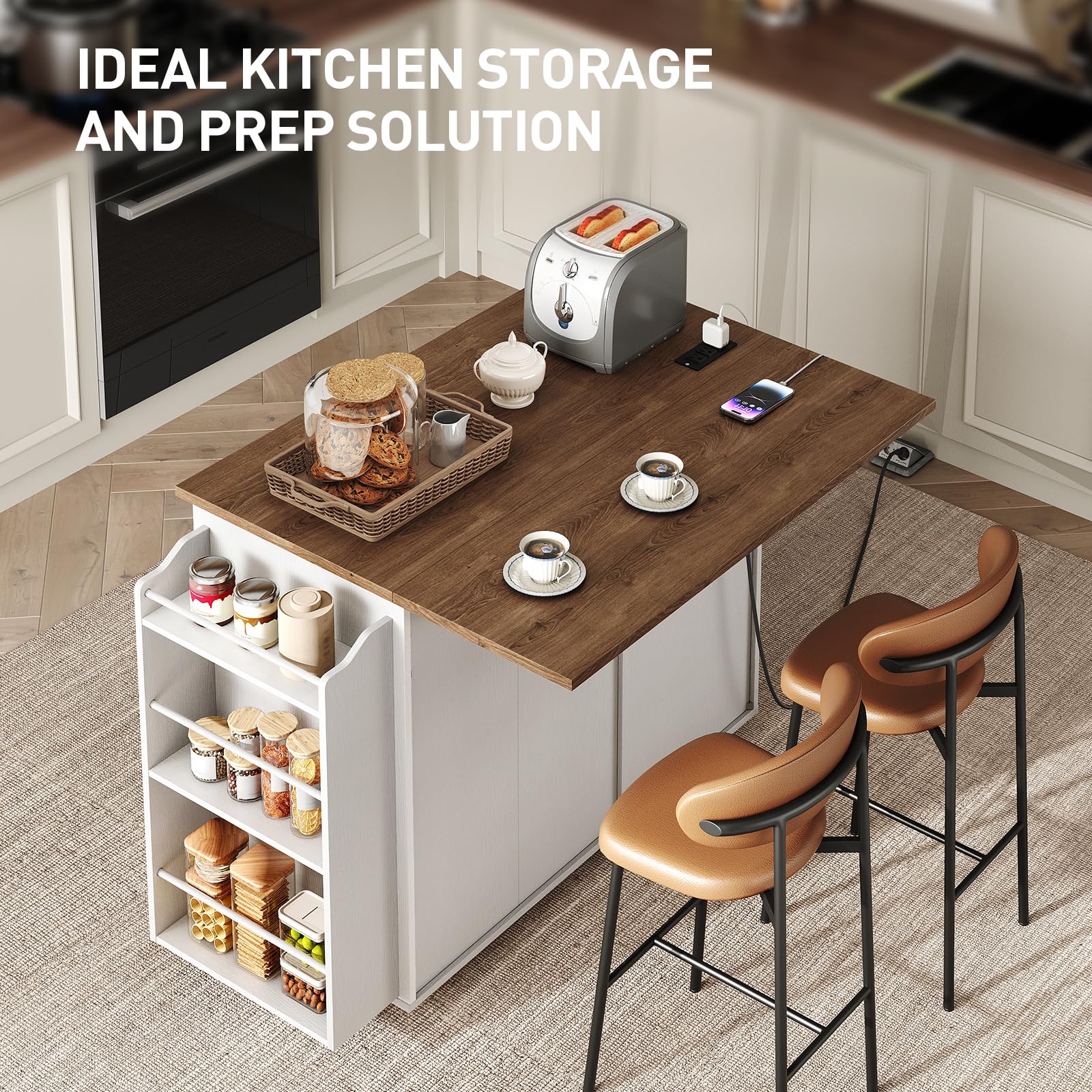 Kitchen Island with Power Outlet & Drop Leaf