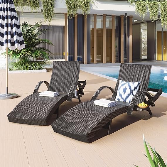 Outdoor Reclining Chaise Lounge Set of 2 with Pull-Out Side Table