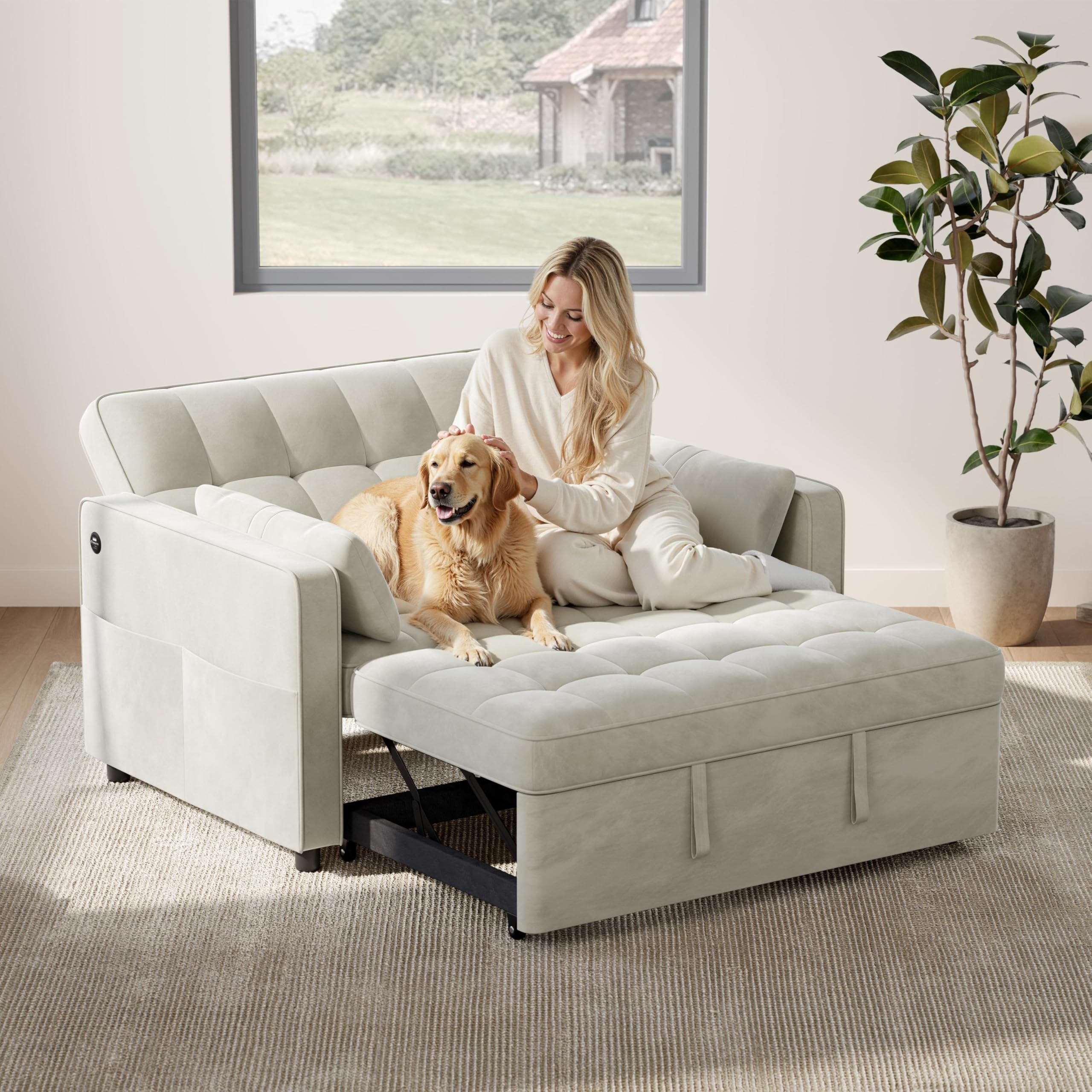 Yaheetech 3 in 1 Sofa Bed Convertible Velvet Sofa Pull Out Couch Folding Loveseat Sleeper with Adjustable Backrest, Armrest Pillows, USB Ports, Side Pockets for Living Room Bedroom Apartment, Beige
