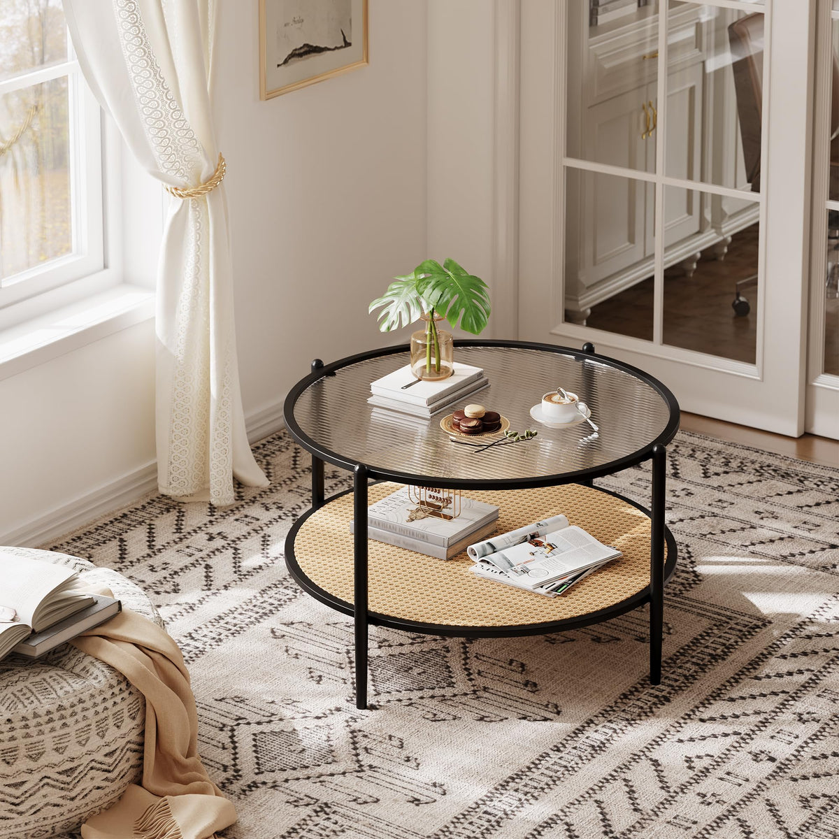 Mid Century Modern Coffee Table with Glass Top and PE Rattan Storage Shelf, 2-Tier 30.7 Inch Wood Round Boho Coffe Table, Metal Frame, Unique Center Table for Livinig Room Apartment Small Space