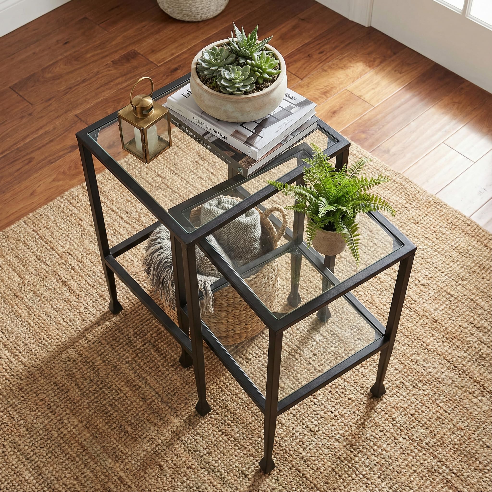 Square Nesting End Tables Set of 2 – Matte Black Steel & Glass