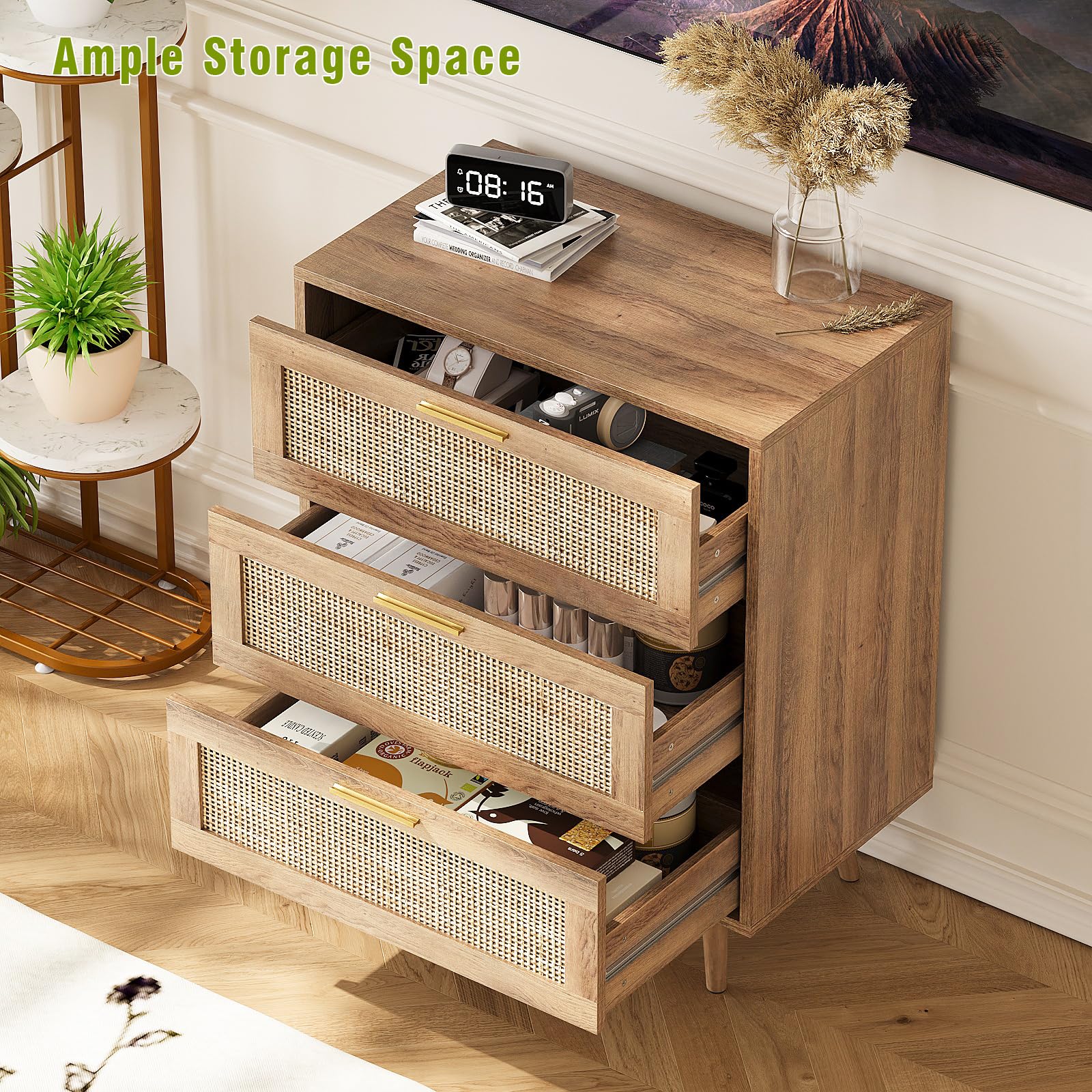 Trironsun 3 Drawer Dresser for Bedroom Rattan Dresser Chest of Drawers with Spacious Storage Boho Clothes Storage Nightstand for Living Room