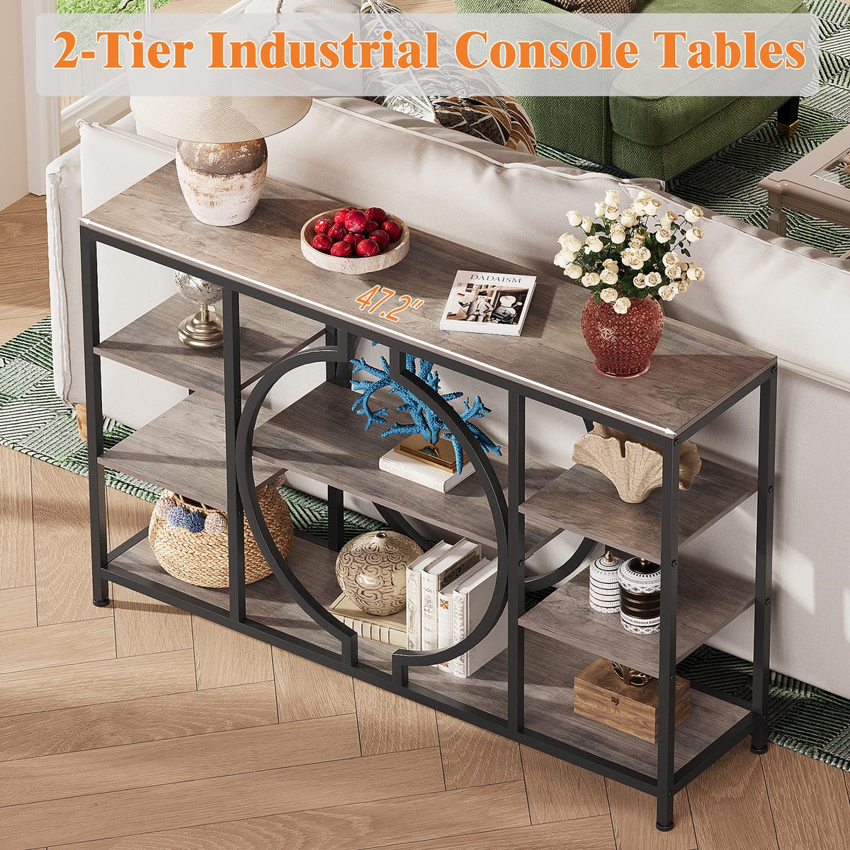 GiftGo 47" Industrial Console Tables for Entryway Rustic Sofa Table Behind Couch 4 Tier Wooden Shelves Entry Table with Storage for Foyer, Hallway, Front Door,Living Room (Retro Grey, 47")