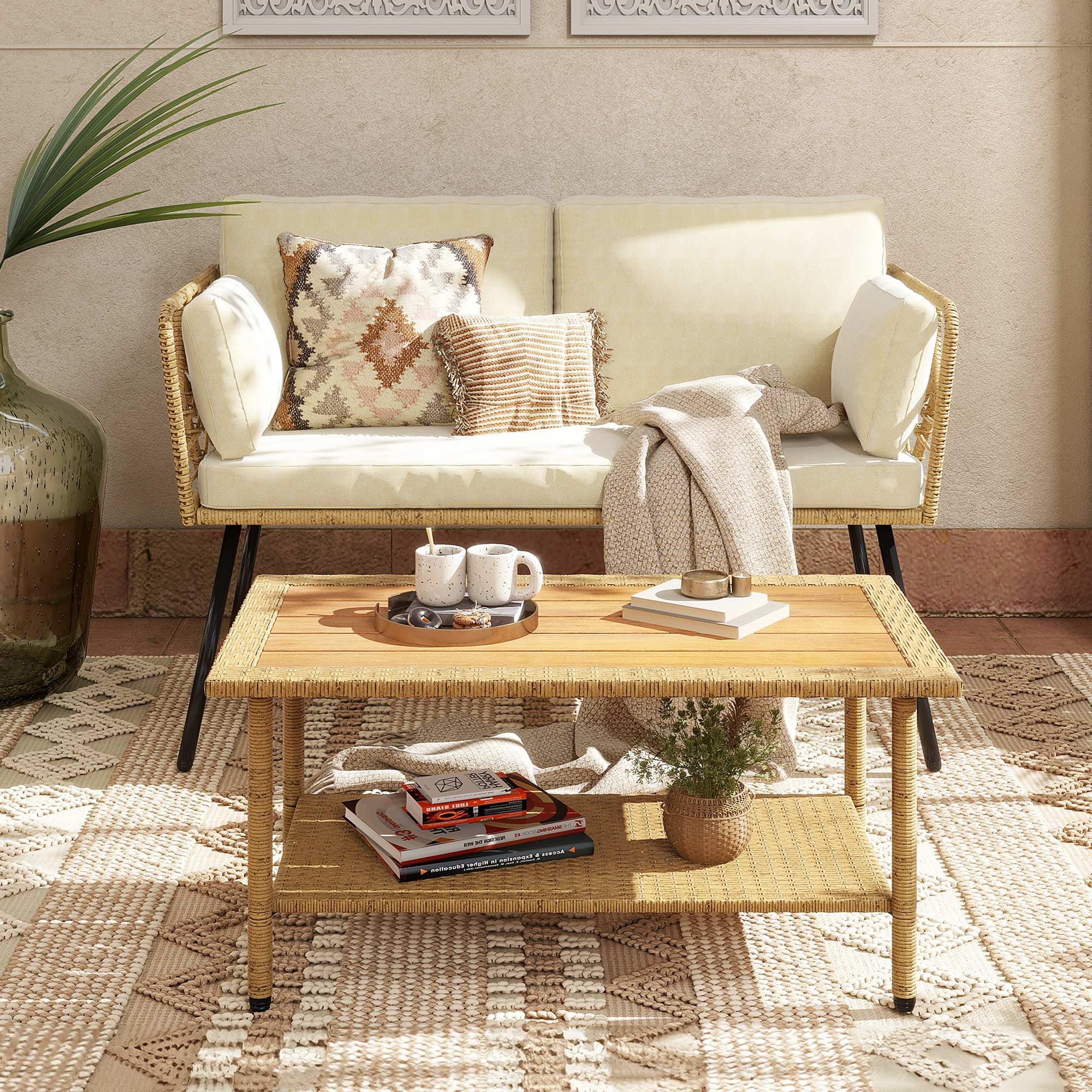 Wicker Rattan Patio Loveseat Set with Cushions & Side Table