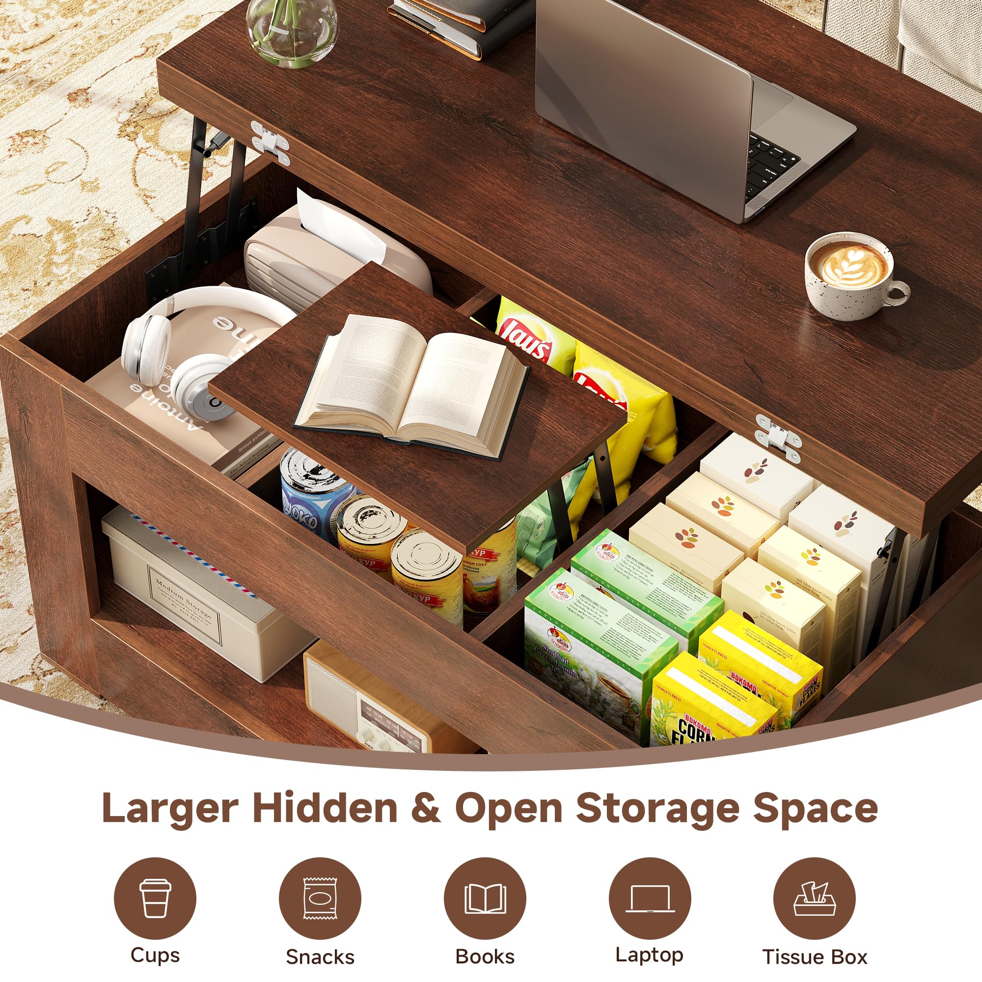 UNIQUITE 40" Lift Top Coffee Table, 4 in 1 Multi-Function Lift Coffee Table with Storage and Hidden Compartment, Convertible Coffee Tables to Dining Table for Living Room, Walnut