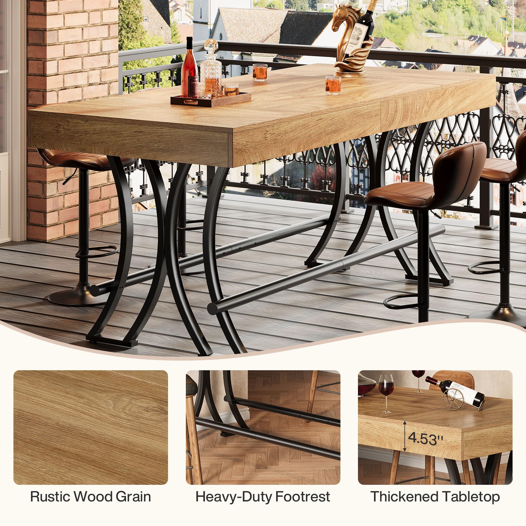 Tribesigns 63" Counter Height Bar Table with Metal Footrest, Rectangular Tall Kitchen Dining Pub Table, Industrial Home Bar Unit for Entertaining, Freestanding, Rustic Brown
