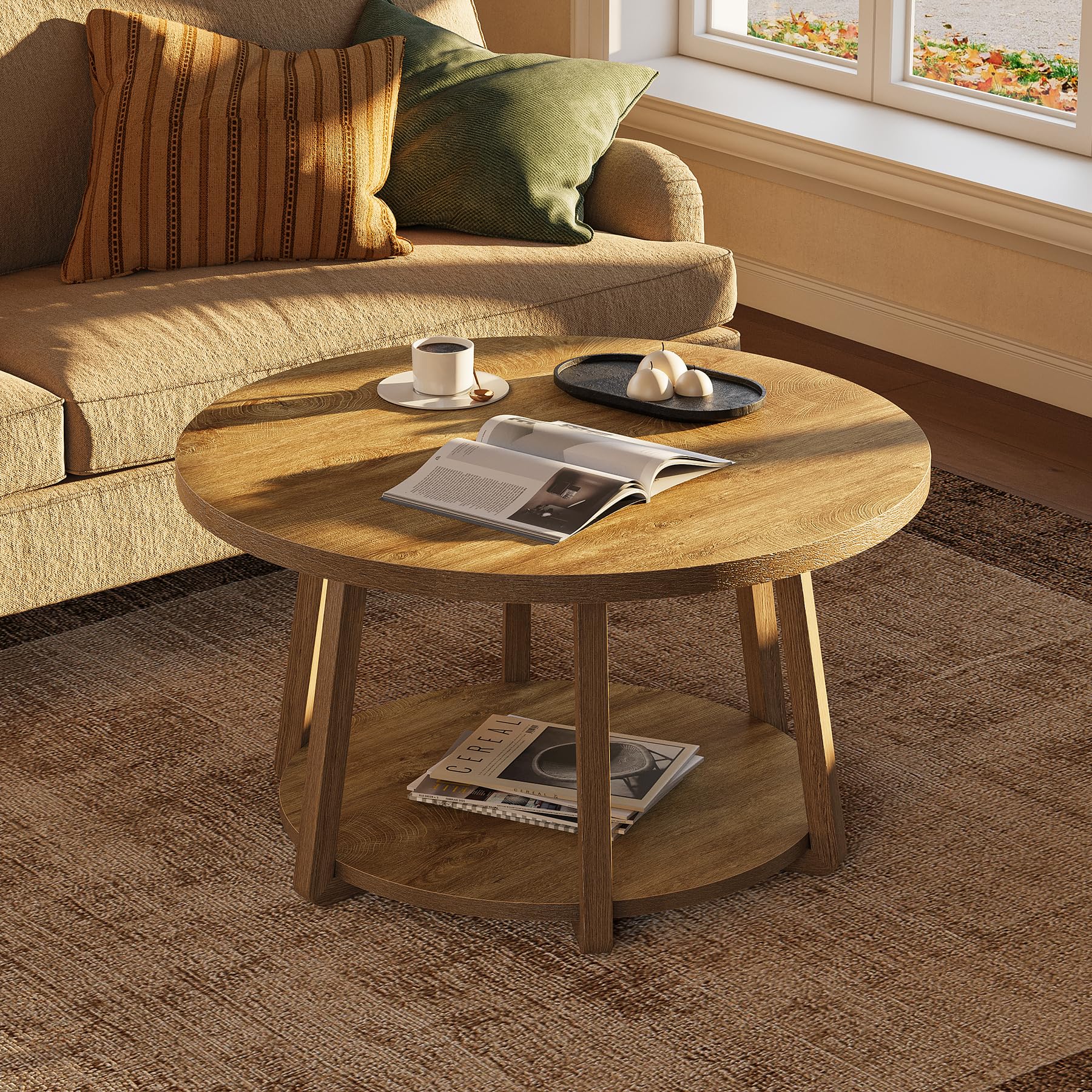 LITTLE TREE Round Coffee Table, 2-Tier Center Table with Storage, Wooden Legs, 31.5 Dia. x 19.6 H Inches, Easy Assembly, Circle Coffee Tables for Living Room, Bedroom