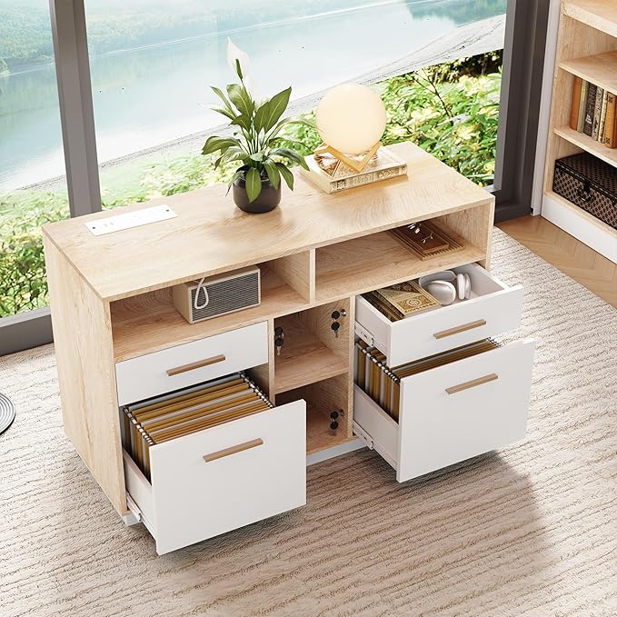 4-Drawer Wood File Cabinet with Lock & Power Strip