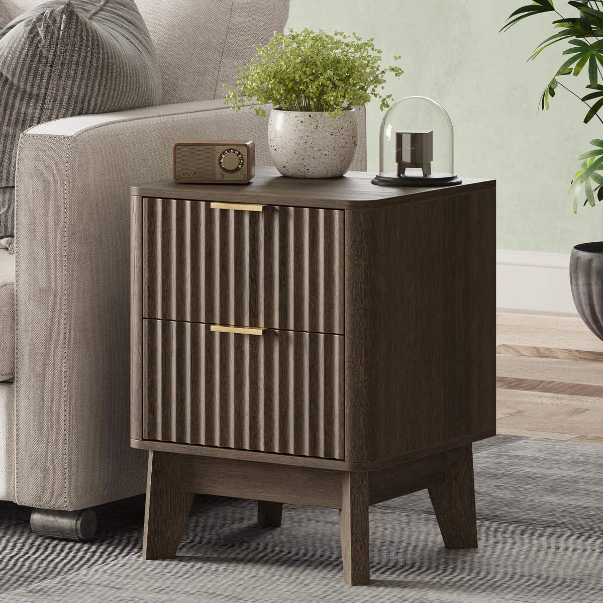 TROJM Fluted Nightstand Set of 2 with Curved Edge Design,Walnut
