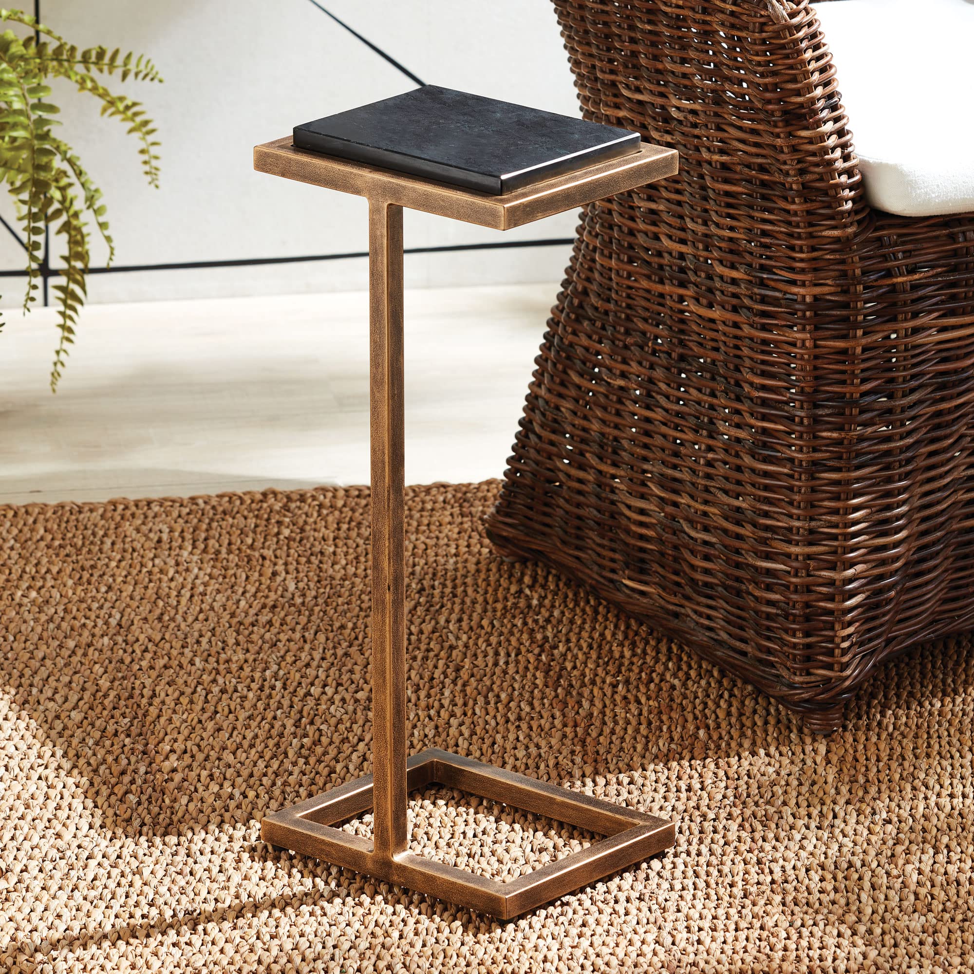 MY SWANKY HOME Petite Minimalist Bronze Black Accent Table Cantilever Pull Up Marble Metal Gold