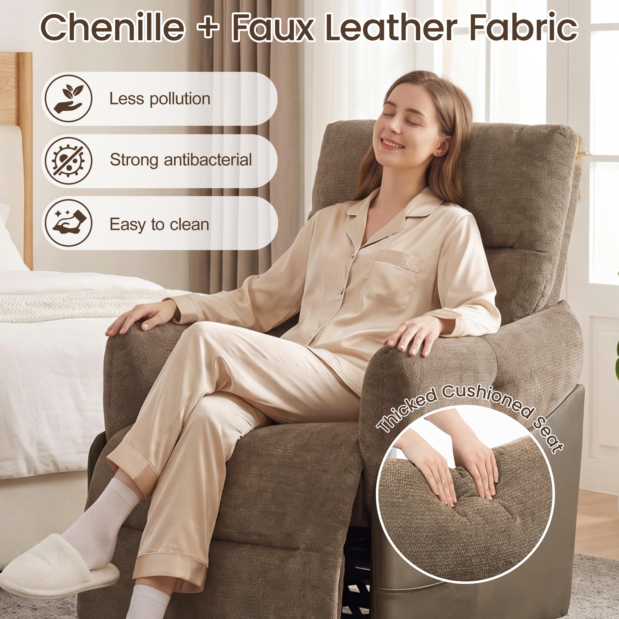 FiveWillowise Power Recliner Chair,90°-145°Recline Chair with Remote,Side Pocket,Soft Armrest&Headrest,Wide Seat,Sturdy Footrest for Living Room,Bedroom,Brown Chenille with Brown Faux Leather Side