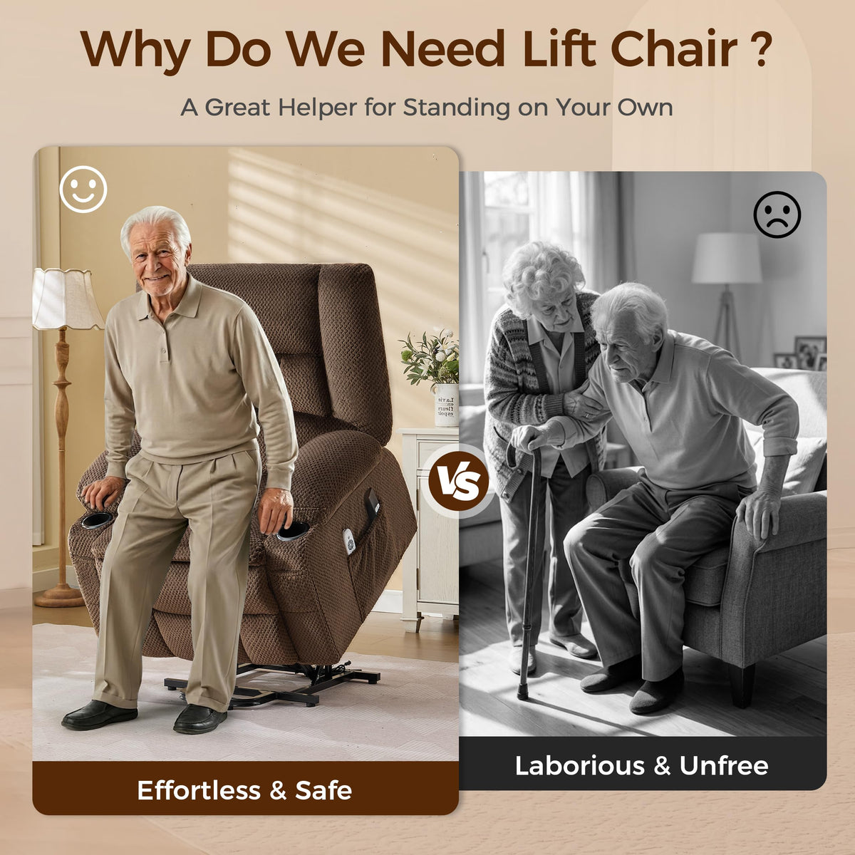 Power Lift Recliner Chair for Elderly, Electric Reclining Lift Chair with Massage and Heating, Comfy Overstuffed Recliner Single Sofa with Cup Holders, Pockets, USB Charge Port for Living Room,Brown