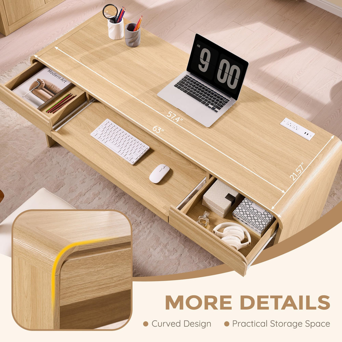 Curved Desk with Drawers and Charging Station