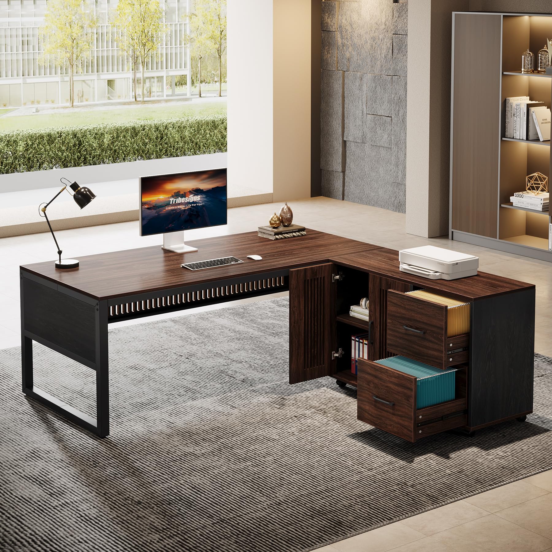 L-Shaped Executive Desk with Mobile File Cabinet