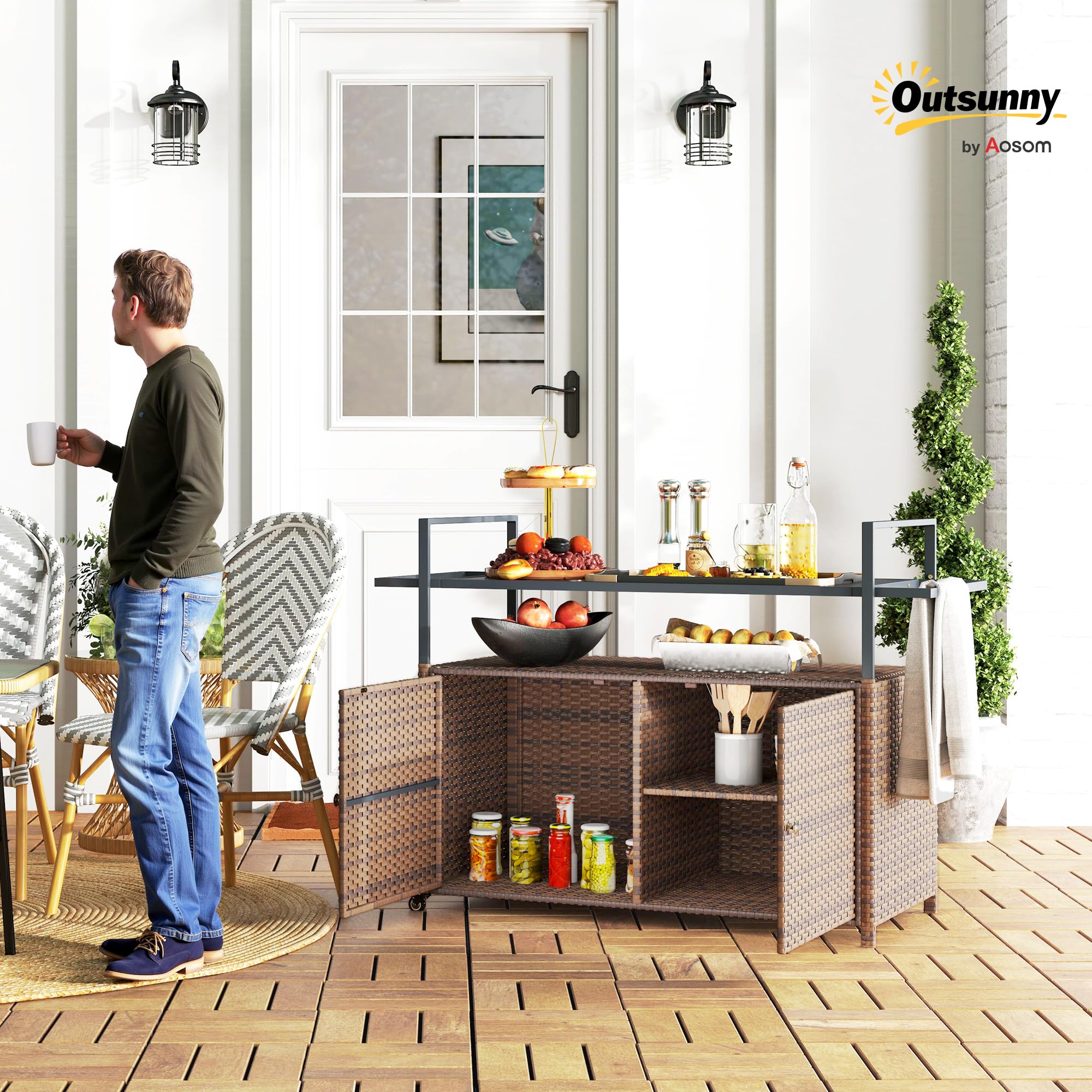 Outsunny PE Rattan Outdoor Storage Cabinet, Wicker Outdoor Bar Table Kitchen Island with Wheels & 2-Tier Shelf, Patio Serving Cart with Glass Top, Handles, Towel Racks for Poolside, Mixed Brown