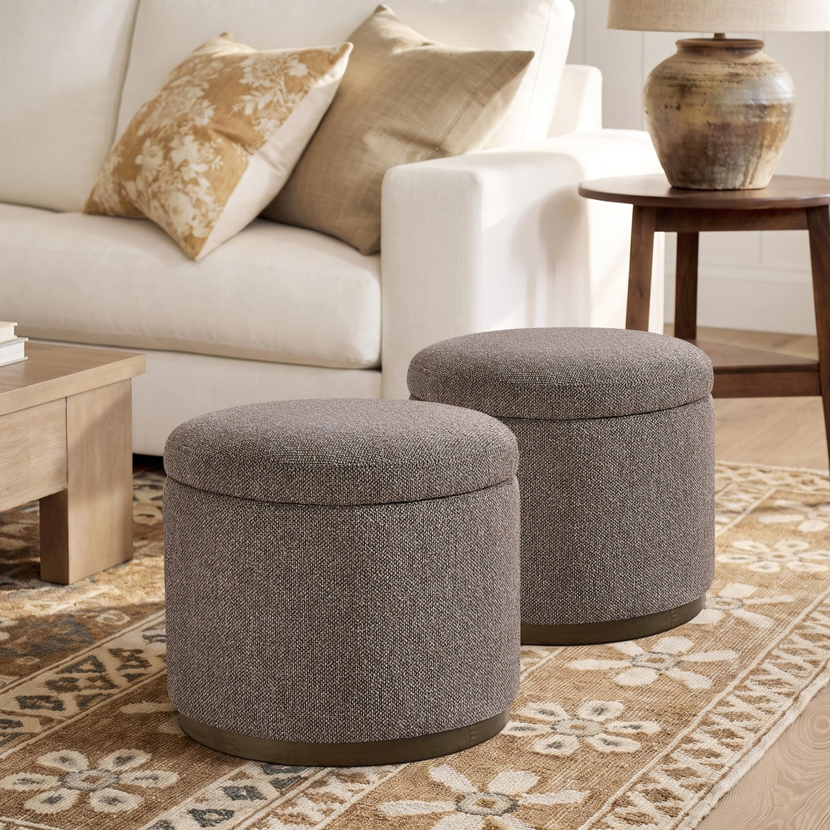 Round Bouclé Storage Ottoman
